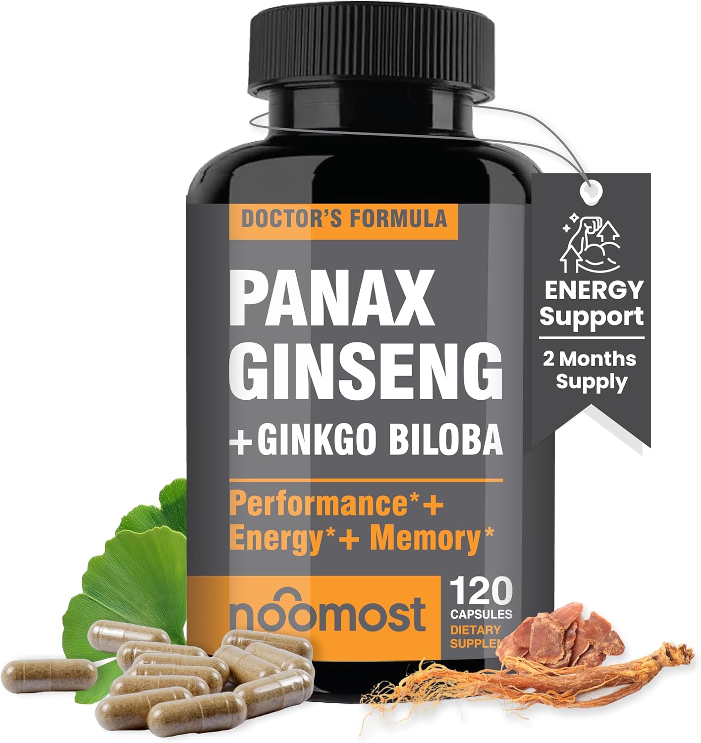 Authentic Korean Red Panax Ginseng + Ginkgo Biloba, 120 Vegan Capsules, Ginseng Root Extract Powder 1000mg (10% Ginsenosides) + Gingko Biloba 60mg, Energy and Focus Pills for Men and Women