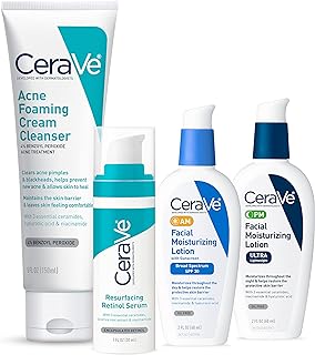CeraVe Acne Skin Care Set, 5oz Acne Foaming Cream Cleanser + 1oz Resurfacing Retinol Serum + 2oz AM Facial Moisturizing Lotion with SPF 30 + 2oz PM Facial Moisturizing Lotion