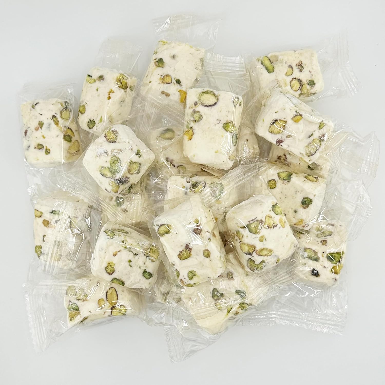 Soft White Nougat Candy, 2 Lb Individually Wrapped Pistachio Nougat, Divinity Candy - Nougat Candy with pistachios