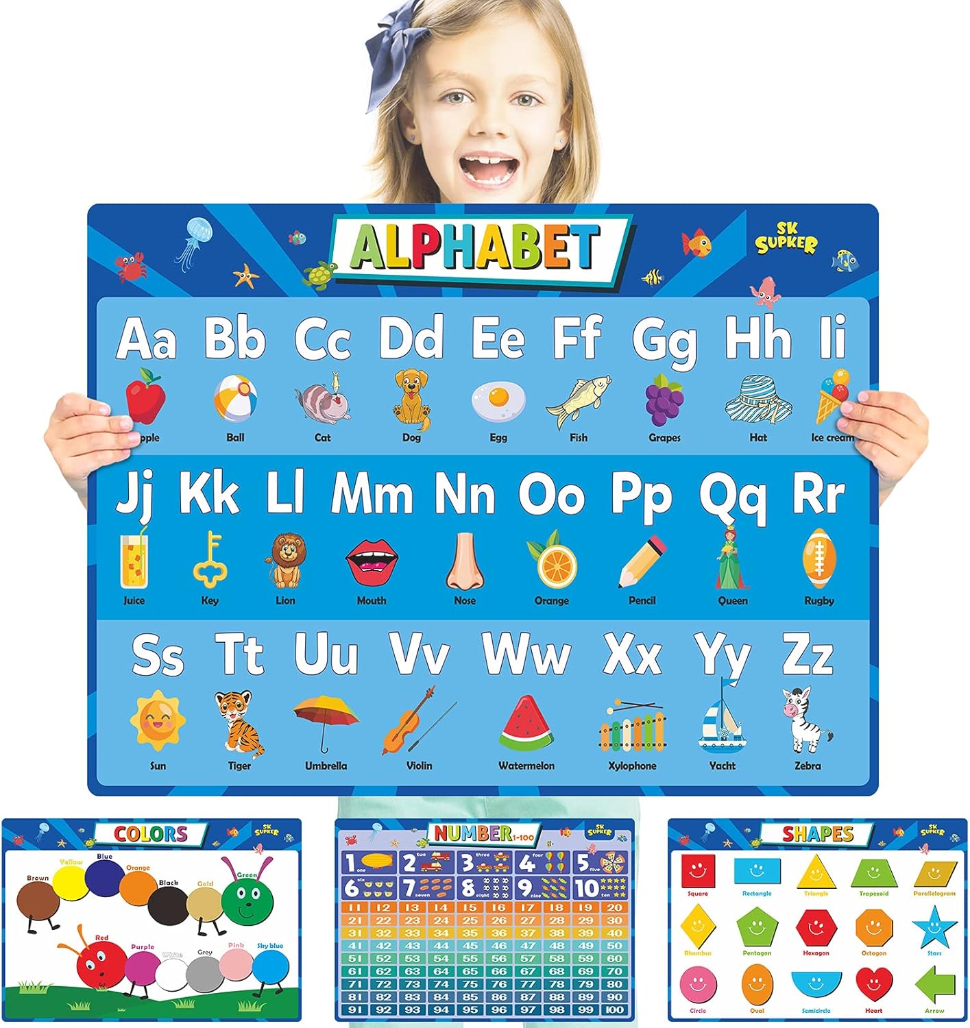 SK SUPKER 4 Pack ABC Alphabet Chart + Numbers 1-100 + Shapes + Colors Poster Set, Toddler Educational Learning Posters Kindergarten Classroom Wall Decor Art ((Laminated, 17" x 11")