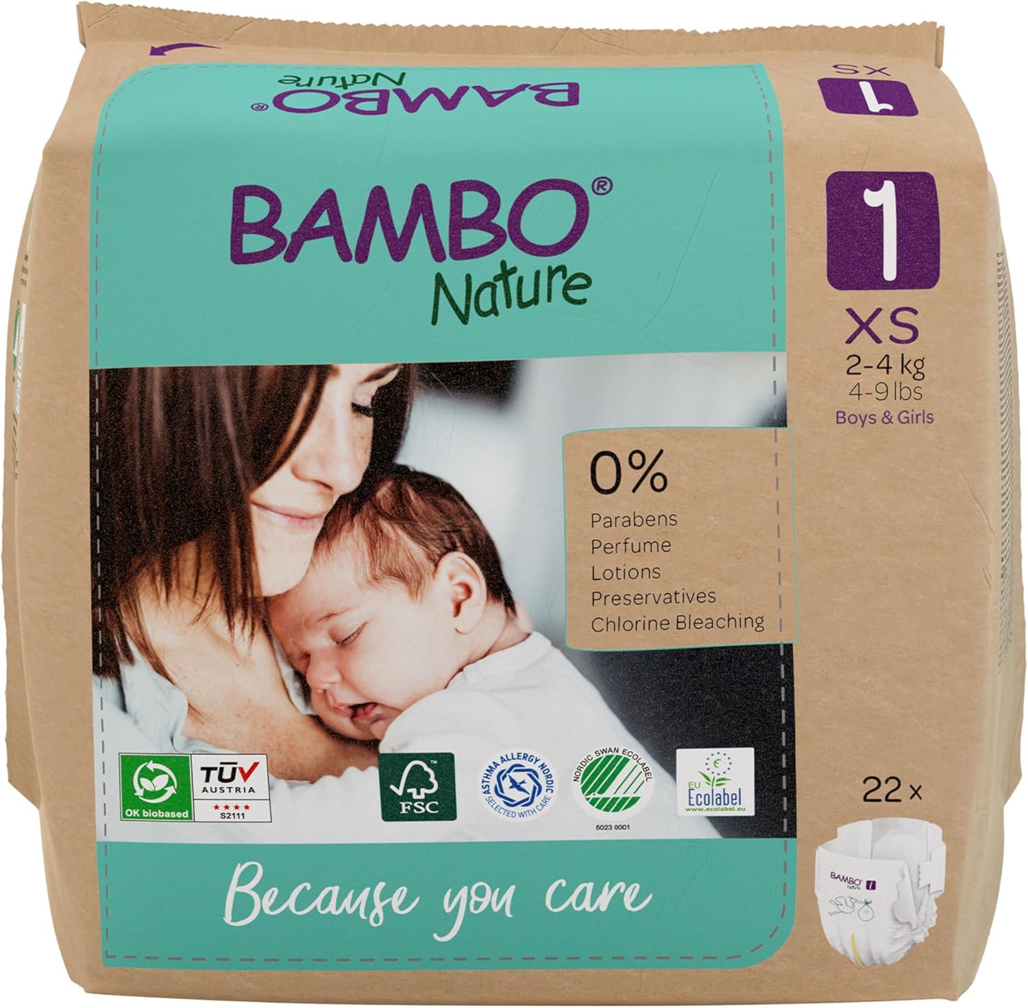 Bambo Nature Premium Eco Nappies, Size 1 (4-9 lb/2-4 kg), 22PK, Eco-Labelled Newborn Nappy, Enhanced Leakage Protection, Secure and Comfortable Baby Nappies, Newborn Essentials
