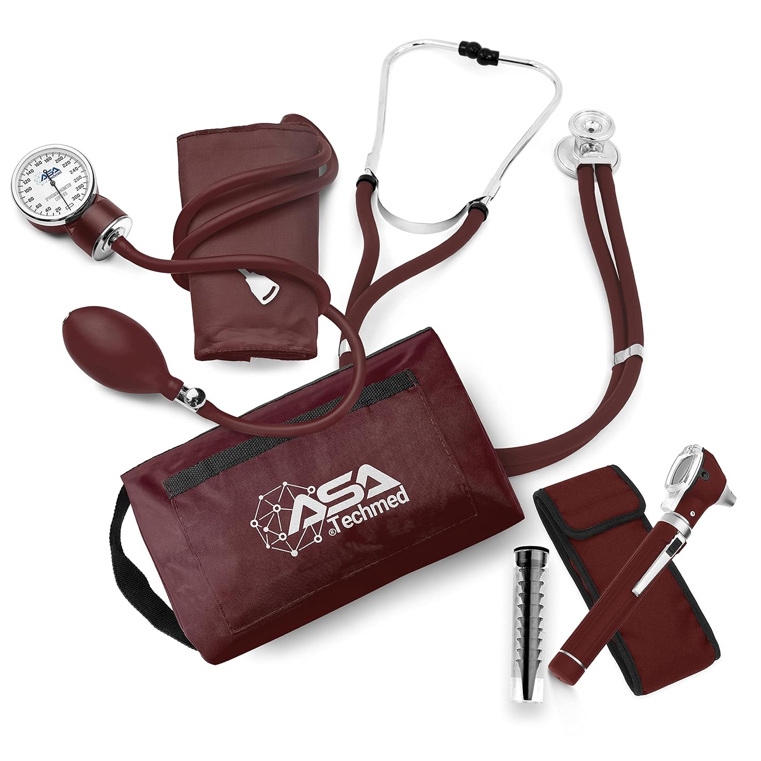 ASA TECHMED Nurse Essentials Professional Kit with Handheld Travel Case | 3 Part Kit Includes Adult Aneroid Sphygmomanometer Blood Pressure Monitor, Stethoscope, Diagnostic Otoscope (Maroon)