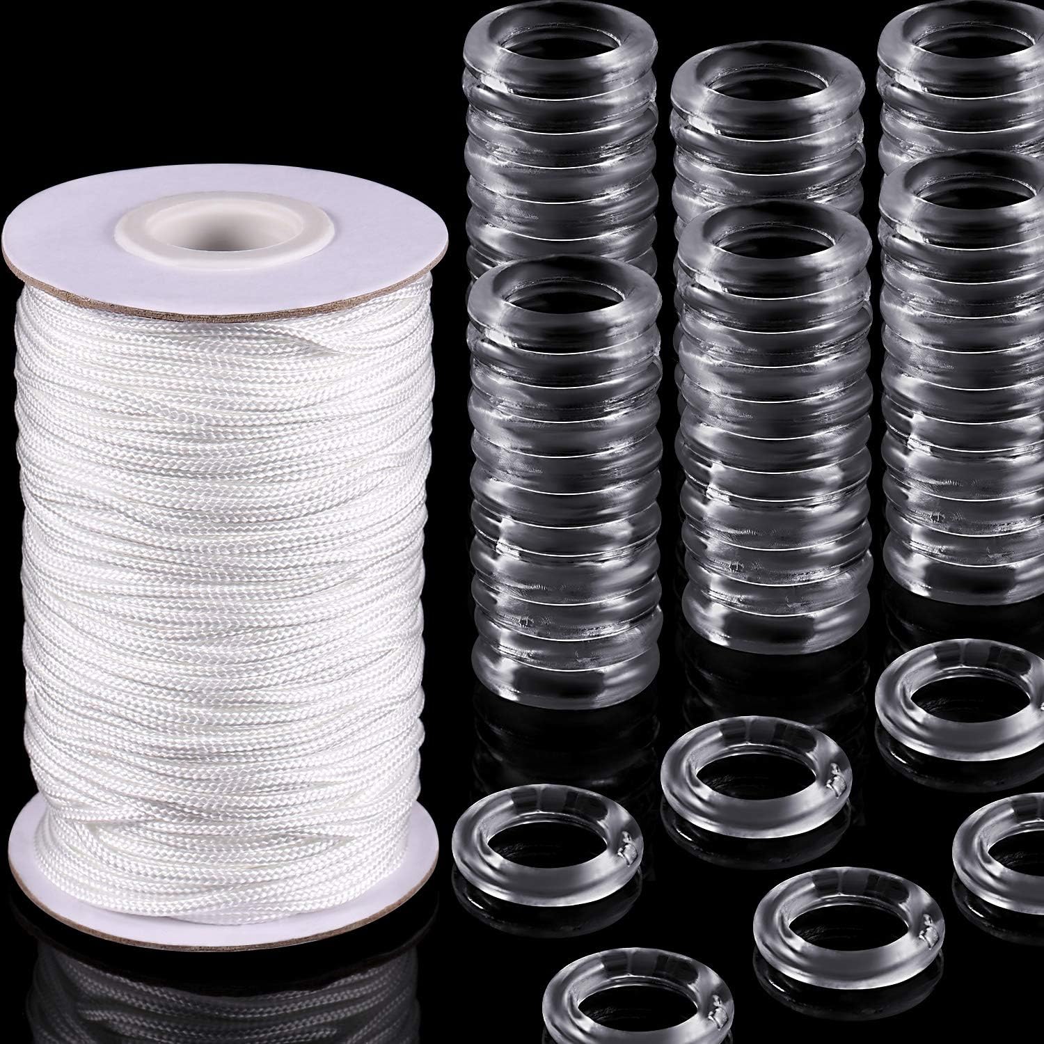 100 Pieces Clear Roman Curtain Rings 55 Yards Roman Blind Cord 8 to 13 mm Transparent Plastic Rings 1.8 mm White Braided Lift Shade Cord for DIY Blind Curtains(White)