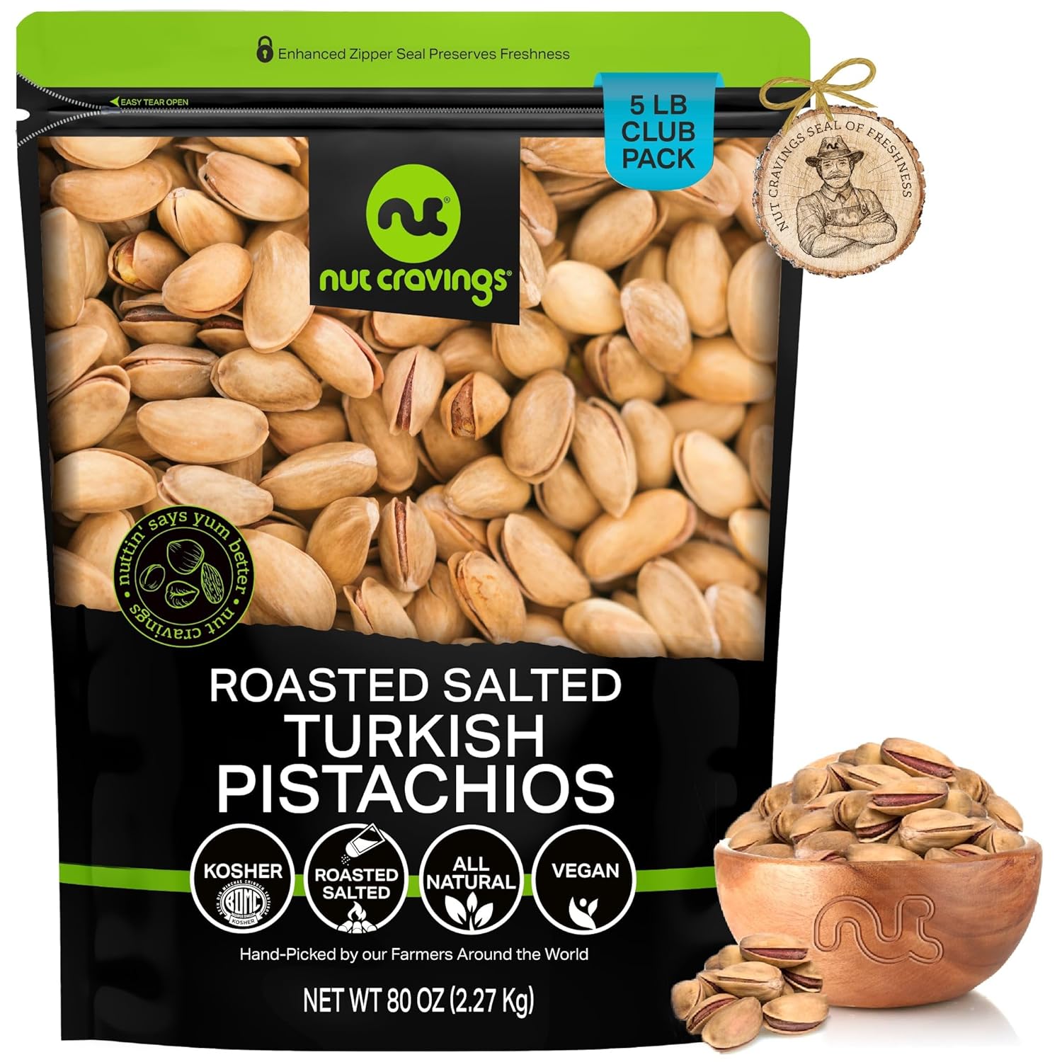 NUT CRAVINGS - Roasted & Lightly Salted Turkish Pistachios Antep (80oz - 5 LB) Packed Fresh in Resealable Bag - Nut Snack - Healthy Protein Food, All Natural, Keto Friendly, Vegan, Kosher