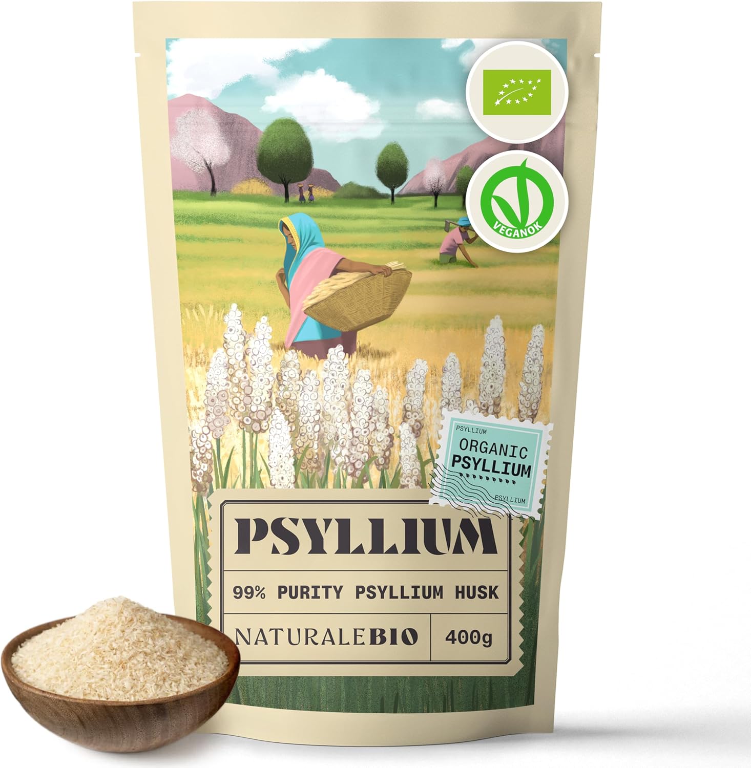 NaturaleBio Organic Psyllium Husk - 99% Purity - 400g. Pure & Natural Psyllium Seed Husks, Produced in India. High in Fibre, to be Mixed with Water, Beverages, & Juices, Vegetarian & Vegan.
