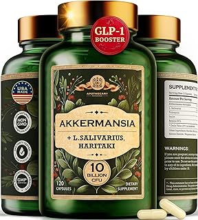 Akkermansia Probiotic - 10 Billion CFU GLP-1 Booster with Lactobacillus Salivarius, Betaine HCL, Haritaki, Inulin, Tributyrin - Fiber Supplement for Gut Health & Weight Management