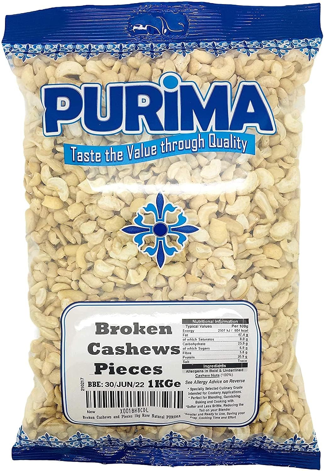 Broken Cashew Nuts 1kg - 100% Raw Broken Cashews 1 kg Bag - Pieces Premium Quality Nut - for use in Home Cooking Baking Milk Cheese Bulk Value - (Packaging May Vary) - PURIMA