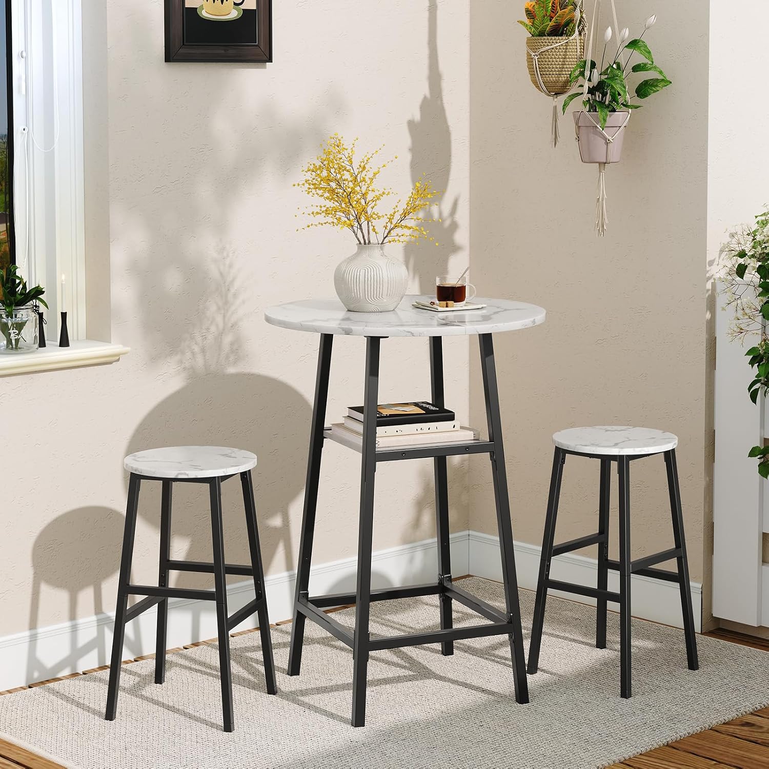 Round Bar Table, 37.4" High Pub Top Table with Footrest, 2-Tier Counter Height Cocktail Tables with Storage, Bistro Table for Small Spaces, Easy to Assemble, Marble and Black BTHM12501