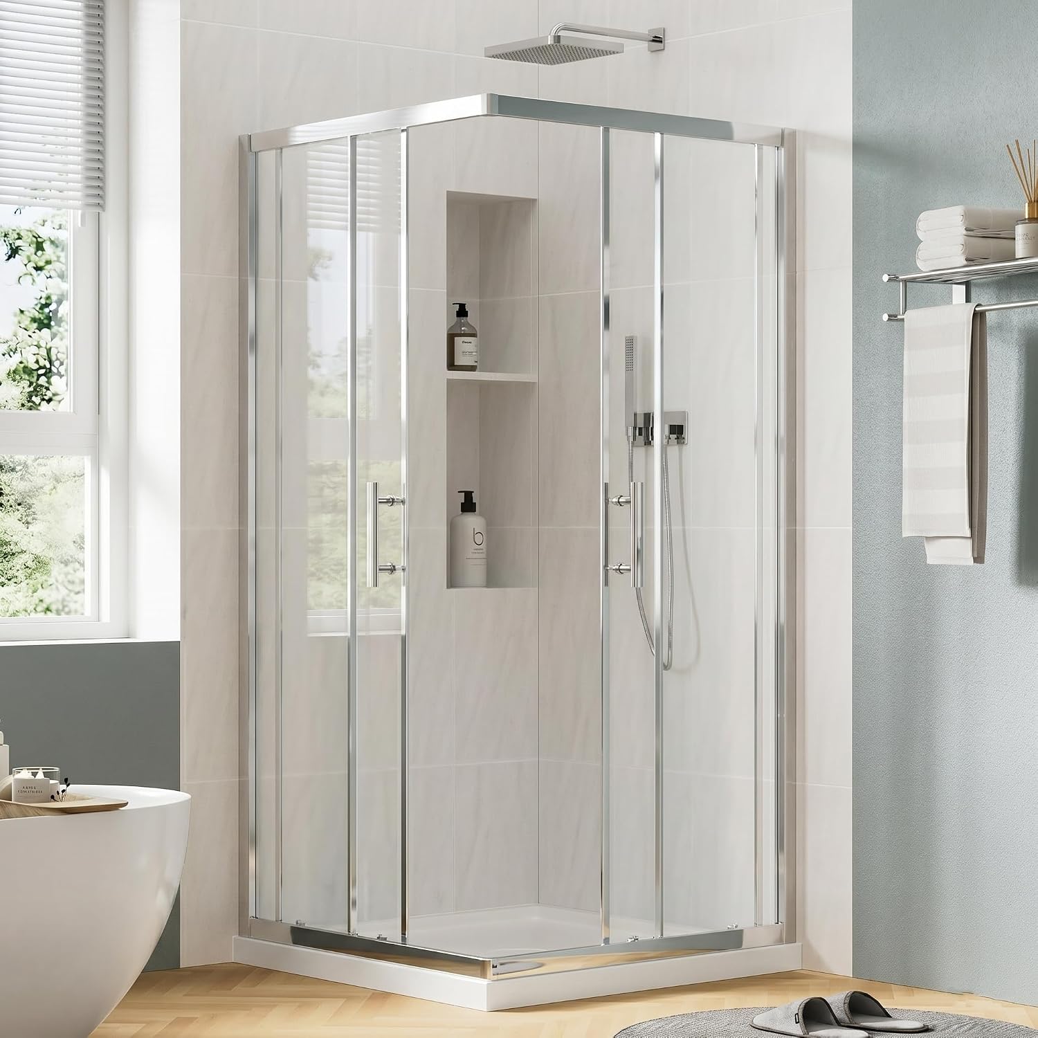 Corner Shower Enclosure 36”D x 36”W x 72”H, 1/4” 6mm Double Sliding Framed Glass Shower Door Shower Stall with Clear Tempered Glass with Explosion-Proof Film, Chrome (Shower Base Not Included)