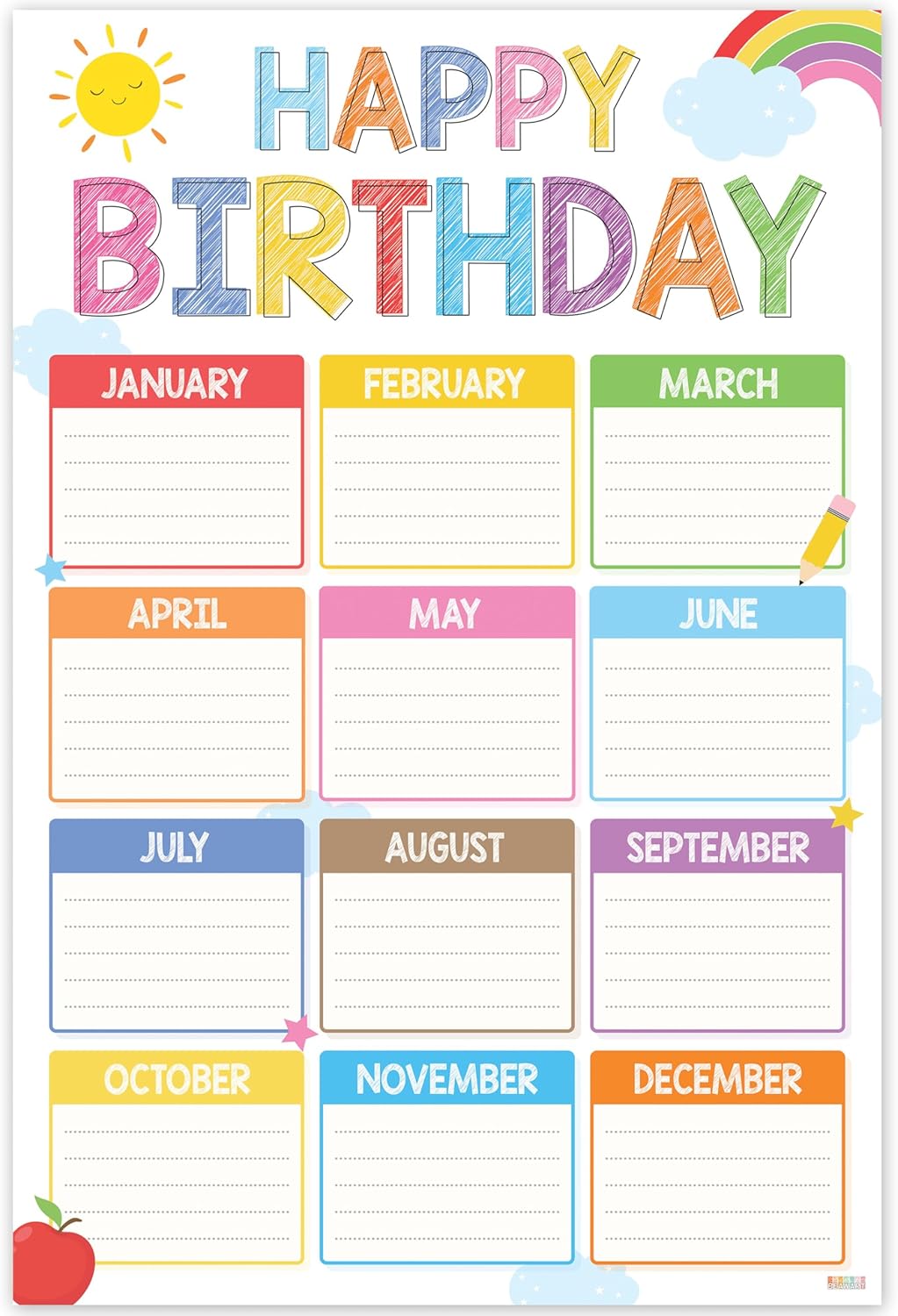 Colorful Classroom Birthday Chart 16"x24", Back to School Happy Bday Poster Calendar for Teacher Student Kids, Bulletin Board Sign Decoration, Reusable Teaching Supplies Gift, Ship in Tube