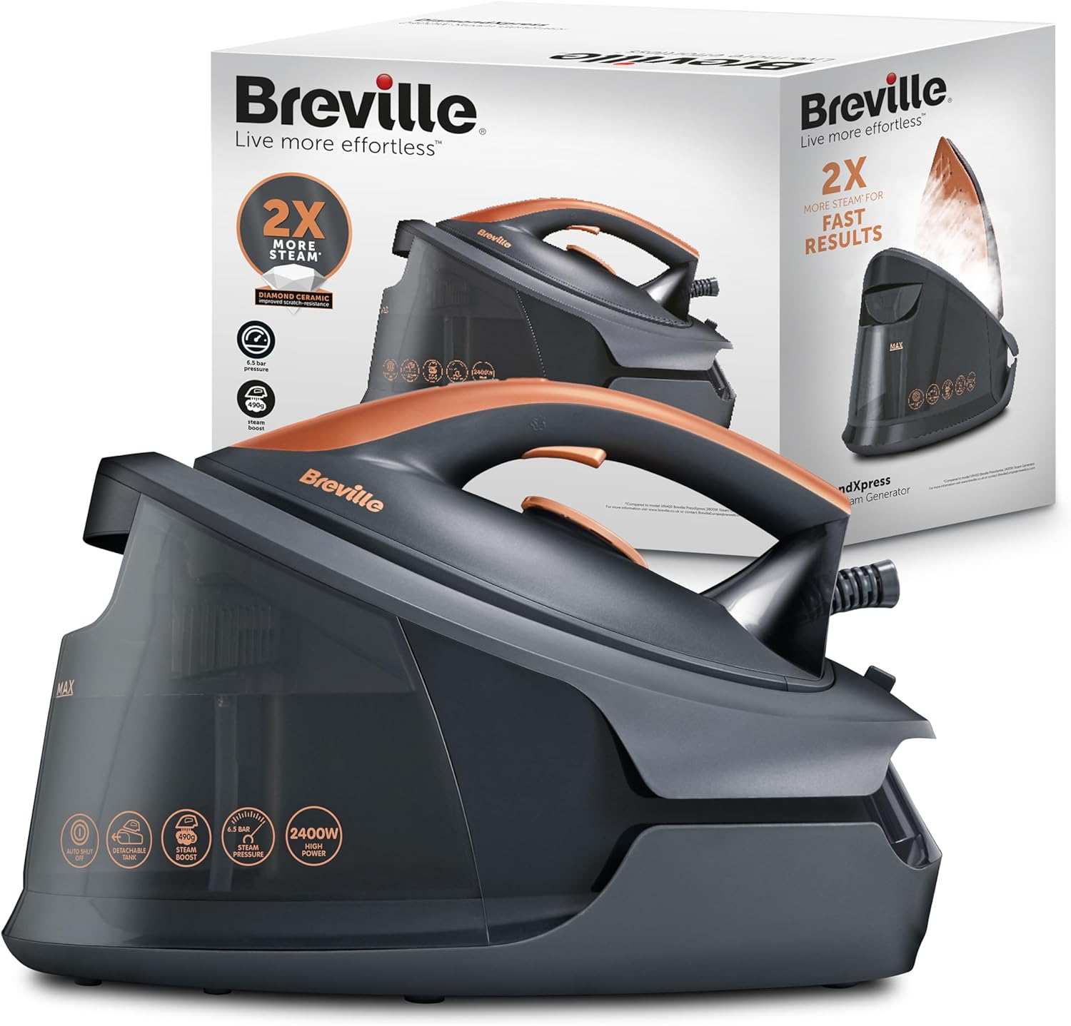 Breville DiamondXpress Steam Generator Iron | 2400 W | 160g/min Continuous Steam | 490g/min Steam Boost | Diamond Ceramic Soleplate | Detachable 1.5 L Water Tank | Grey & Rose Gold [VIN445]