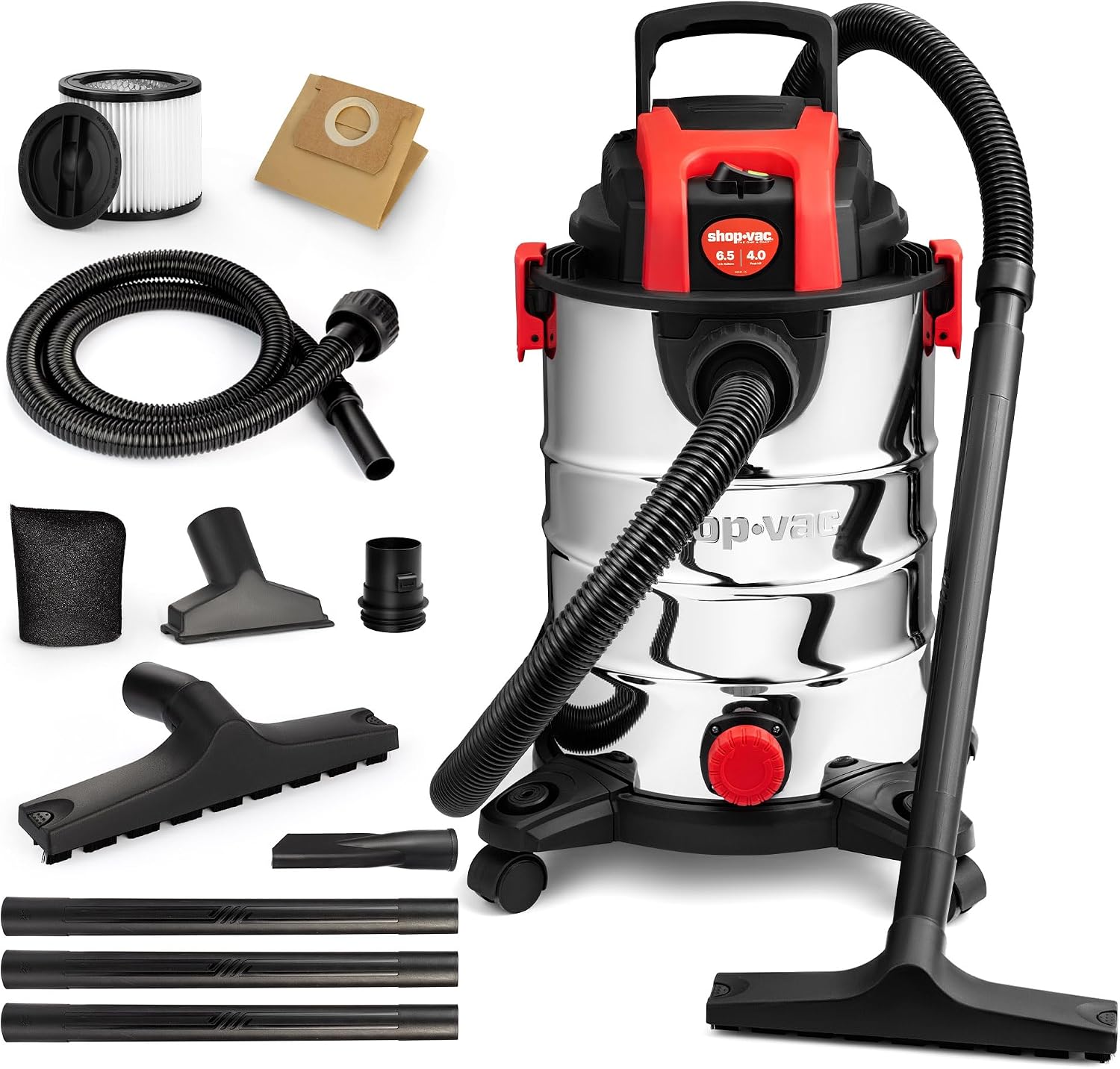 Shop-Vac 6.5 Gallon 4.0 HP Wet/Dry Vacuum with Blower Function, Stainless Steel Tank, Portable Shop Vacuum with Wheels, Includes Filters, Hose & Accessories, Ideal for Garage and Workshop