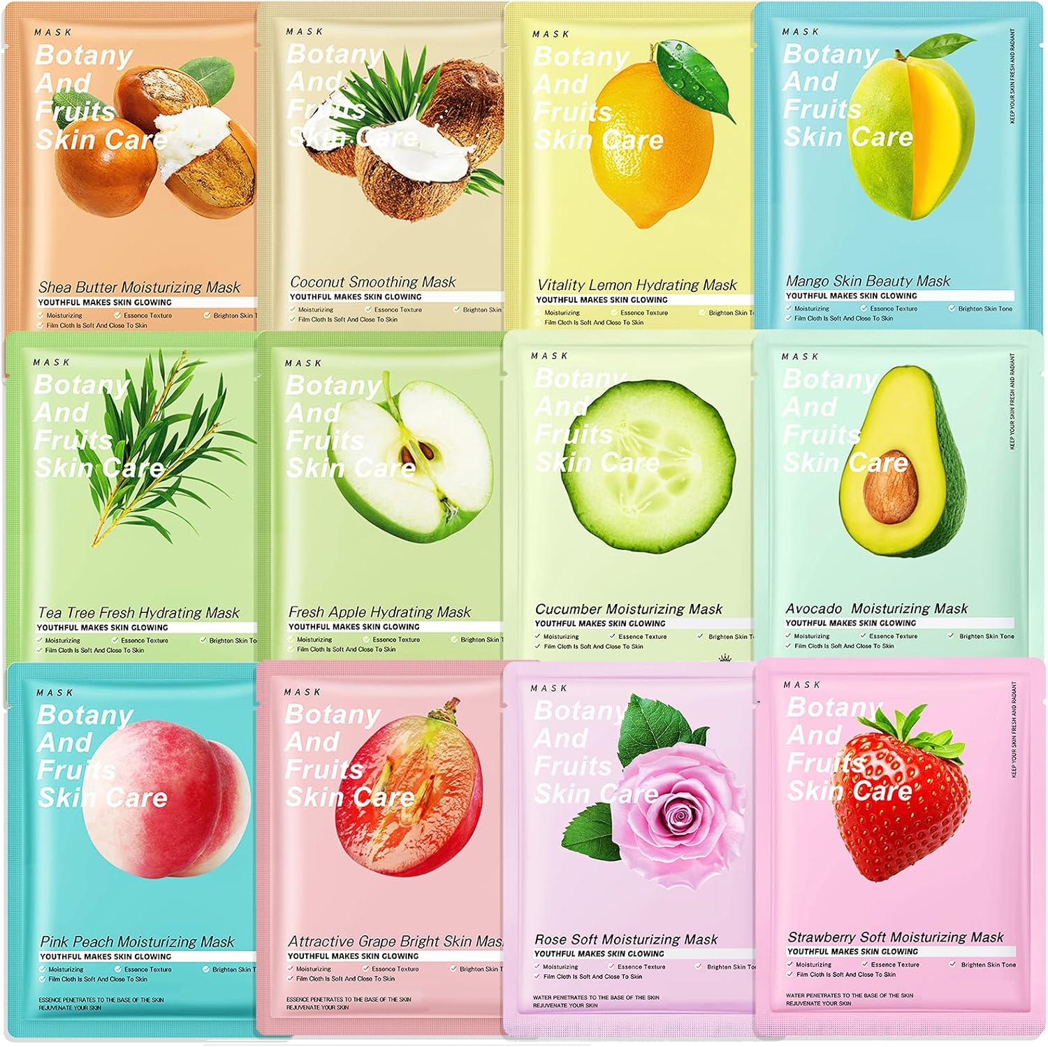 12 pcs Daily Care Face Sheet Mask,Hydrate,Moisturize,Soothe,masks beauty face mask set,Hydrating & Soothing Face Mask,for a lot of Skin Type,Multipack Sheet Masks Moisturizing Repairing