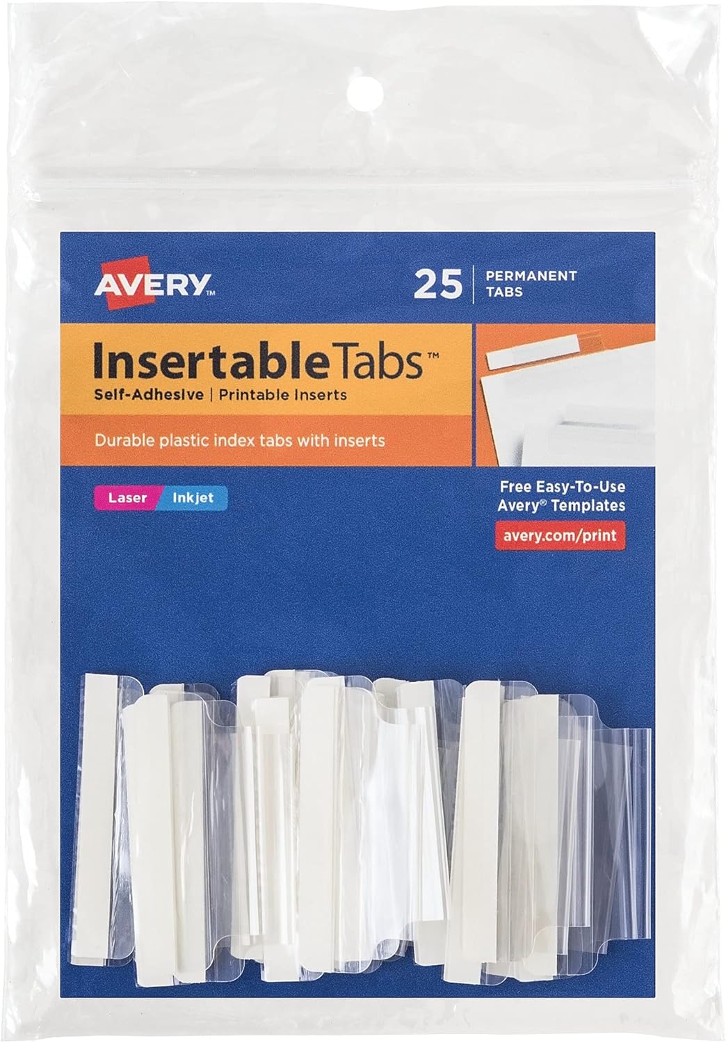 Avery Insertable Self-Adhesive Tabs with Printable Inserts, 2", Permanent Adhesive, Clear, Pack of 25 Index Tabs (16241)