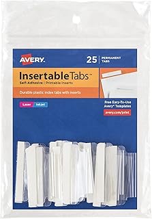 Avery Insertable Self-Adhesive Tabs with Printable Inserts, 2", Permanent Adhesive, Clear, Pack of 25 Index Tabs (16241)