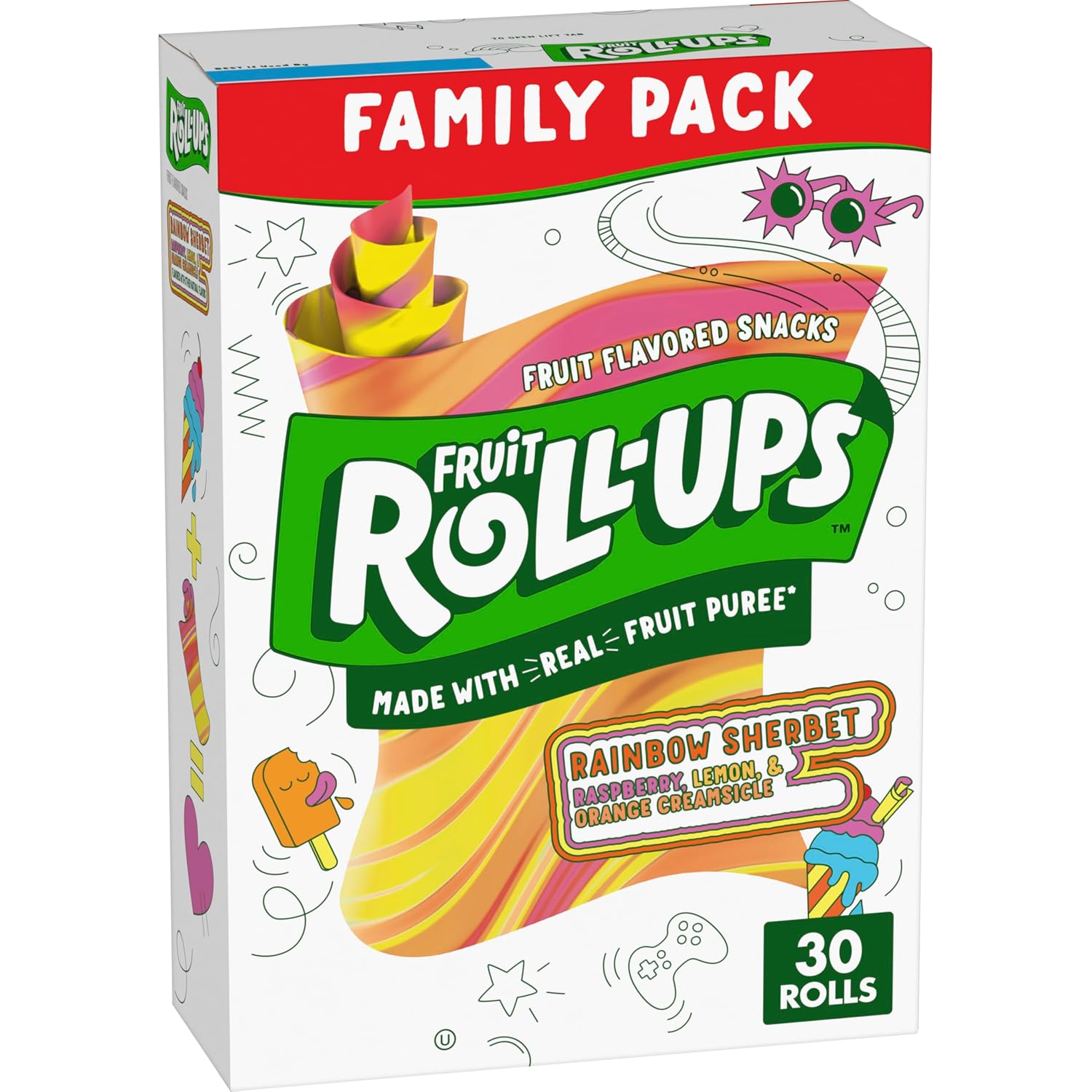 Fruit Roll-Ups Fruit Flavored Snacks, Rainbow Sherbet, Gluten Free (30 Ct)