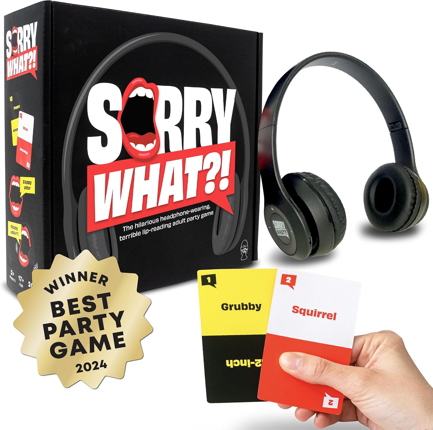 Sorry What - Hilarious Terrible Lip Reading Adult Card Game - Based On The Headphone Challenge TikTok Trend - 2+ Players 40,000 Funny Word Phrase Combinations - Party Game for Adults (Original)
