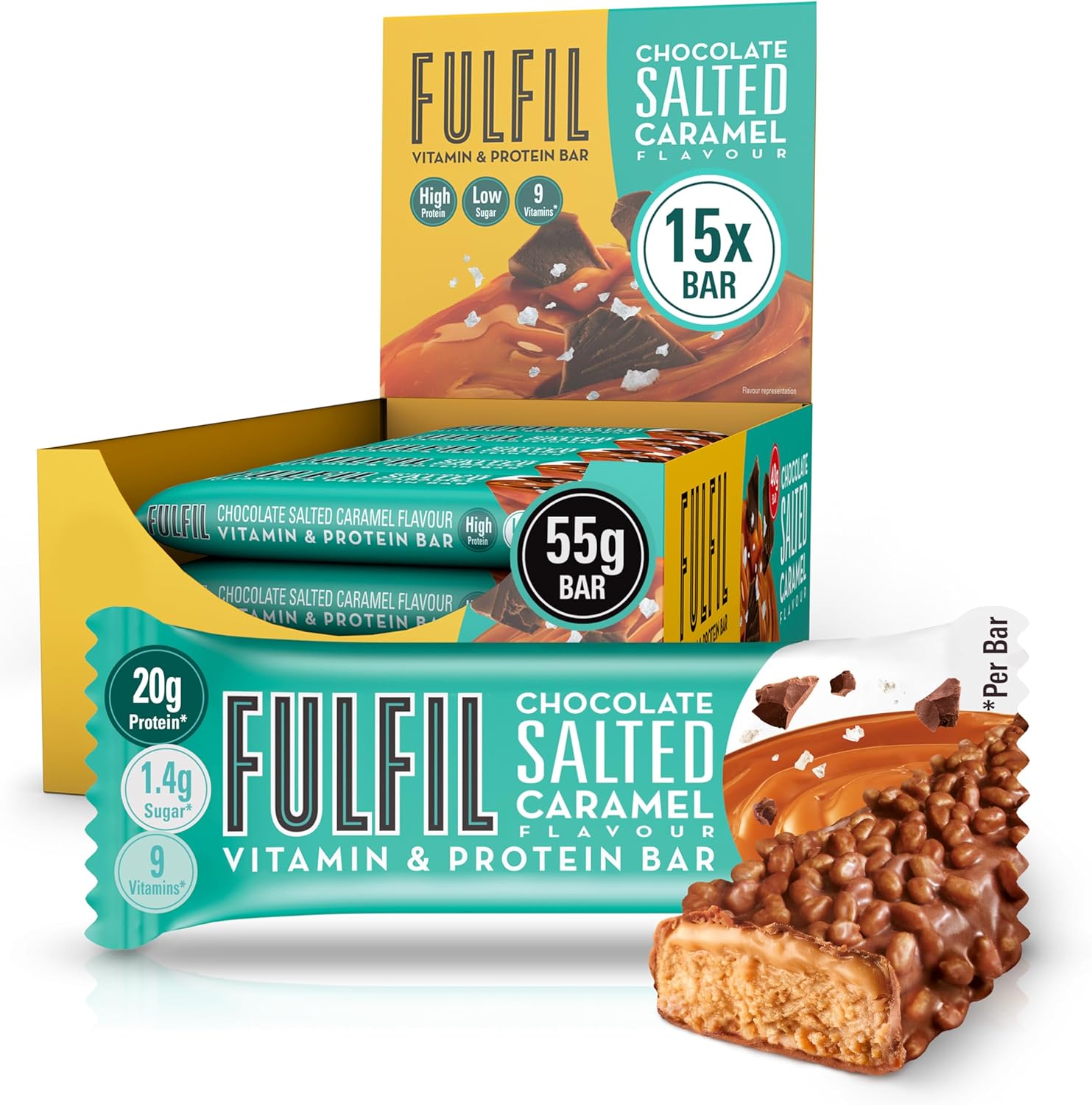 FULFIL Vitamin and Protein Bars (15 x 55 g Bars) — Chocolate Salted Caramel Flavour — 20 g High Protein, 9 Vitamins, Low Sugar