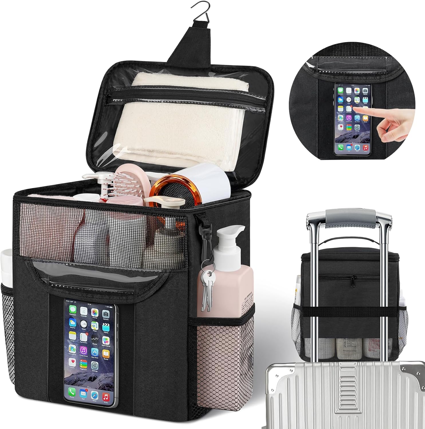 Portable Shower Caddy for Dorm Room Essentials, Foldable Mesh Shower Bag for College, Large Capacity Toiletry Bag Tote Bag Shower Caddy Portable for Student Boy Girl Bath Essentials (Black)