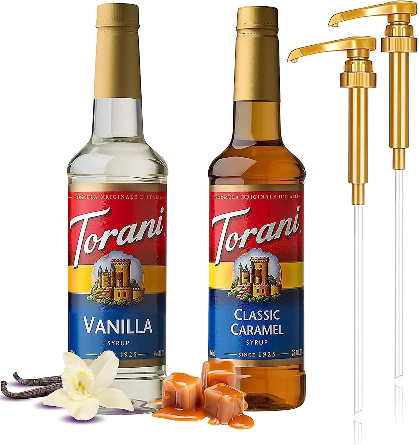 Torani Coffee Syrup Variety Pack - Vanilla and Caramel Syrup for Coffee with 2 Jimoco Syrup Pump Dispenser Compatible with Torani Syrup 25.4 Ounces for Vanilla and Caramel Flavored Coffee