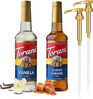 Coffee Syrup Variety Pack - Vanilla and Caramel Syrup for Coffee with 2 Jimoco Syrup Pump Dispenser Compatible with 25.4 Ounces Syrup Bottle for Vanilla and Caramel Flavored Coffee