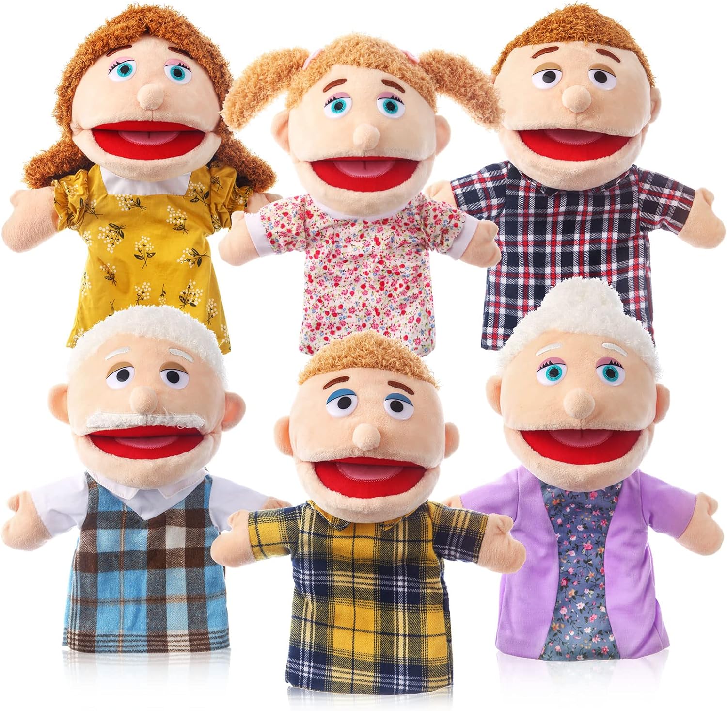 6 Pcs Family Hand Puppets 12 Inch Grandparents, Mom & Dad, Brother & Sister Plush Hand Puppet Toys Role-Play Toy Puppets for Kids Storytelling Imaginative Pretend Play Teaching Preschool(6 Family A)