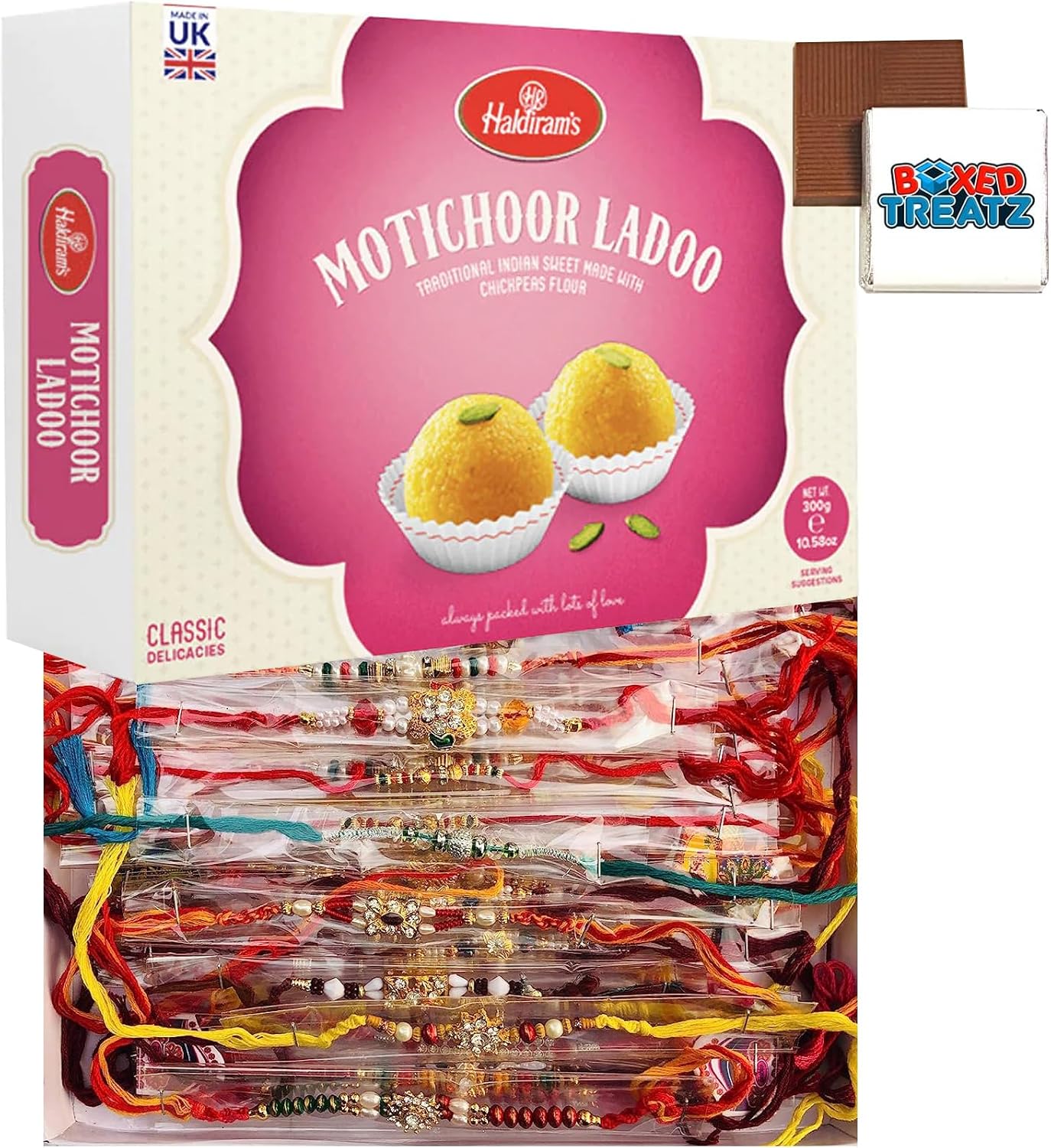 Rakhi Bundle, Haldiram's Sweet Box - Mortichoor Ladoo 300g, 1Pc Rakhi For Raksha Bandhan, A Festival For Brothers & Sisters Bond, Boxed Treatz