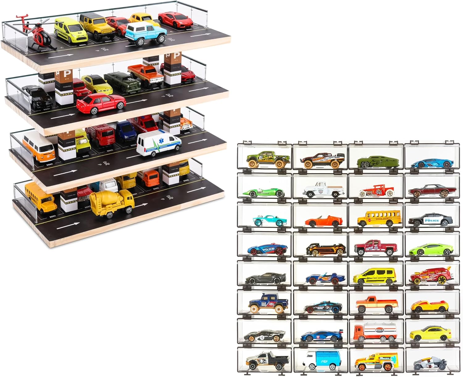 Hot Wheels Storage Display Combo: Parking Garage + 32 Packs Clear Display Case for 1/64 Scale Toy Cars