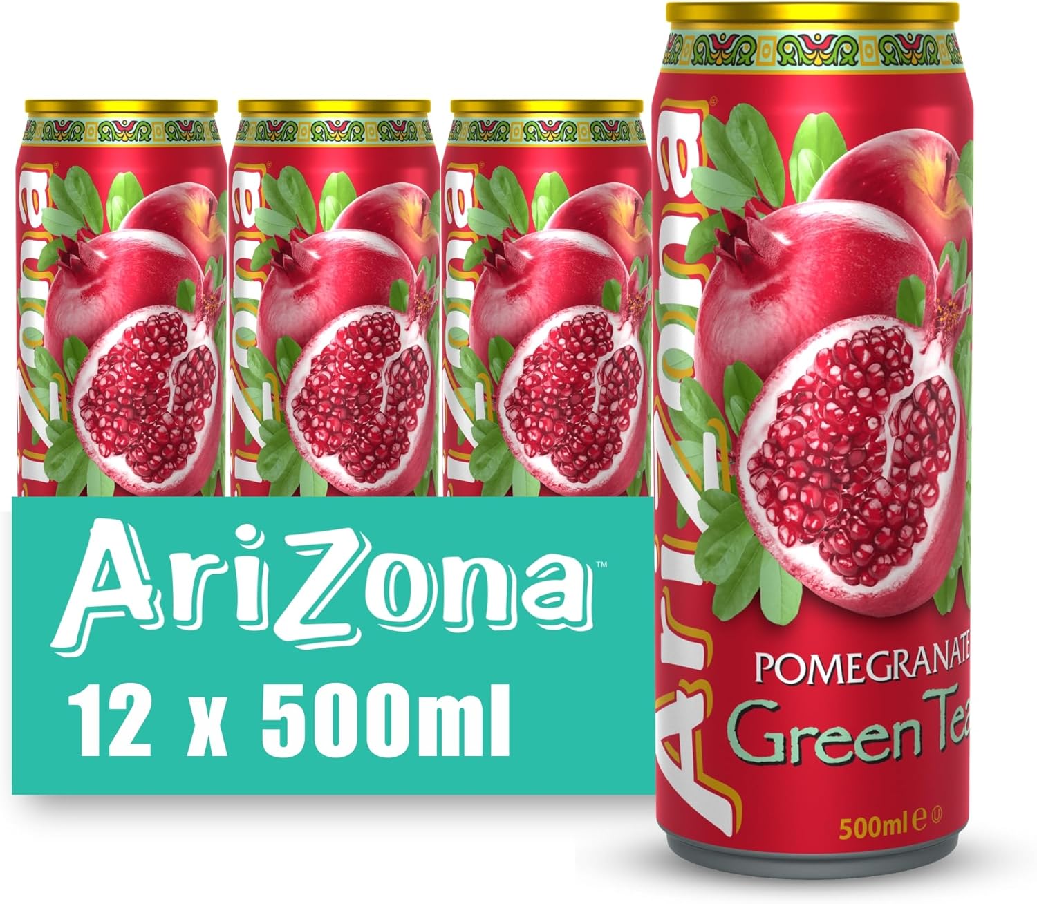 Arizona Pomegranate Green Tea, Delicious Fruit Iced Tea Drink, No Artificial Colours or Preservatives, Pack of 12 Cans x 500 ml