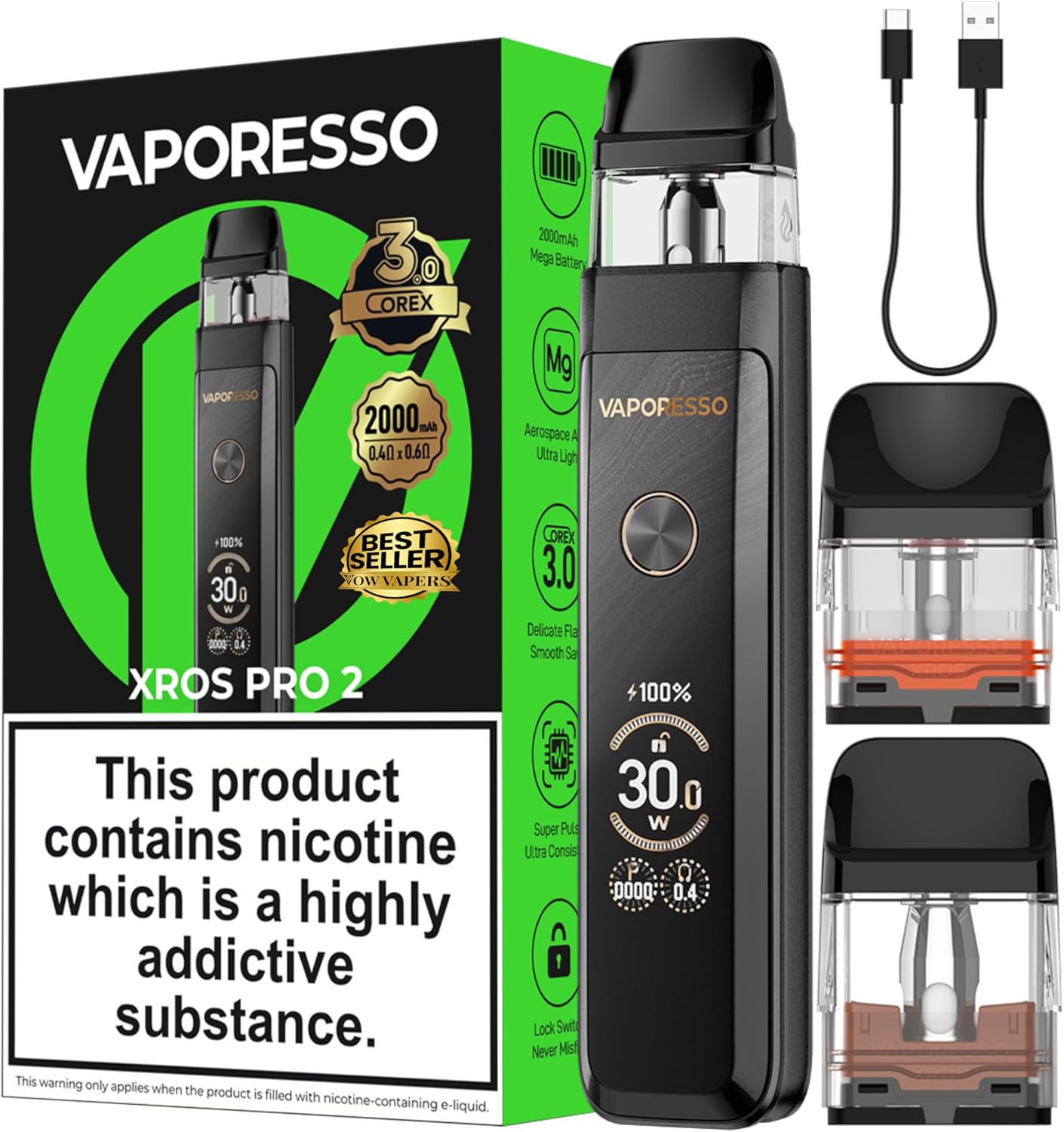 Vaporesso Xros Pro 2 Vape Pod Kit 30W, Built in 2000mAh Mega Battery, Compatible with XROS Pods, Fast Charge, 2ML, No Nicotine (Glittering Black)