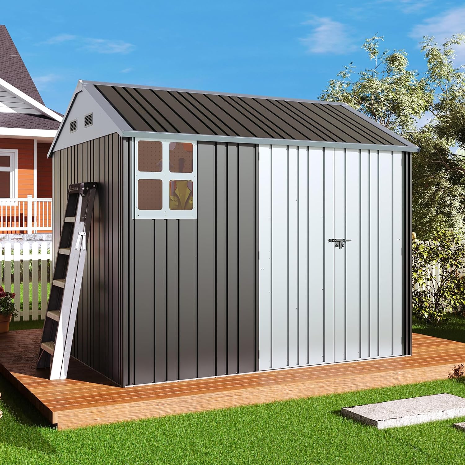 Jocisland 8.5x7.1x7.5 FT Outdoor Storage Shed with 4 Vents, Metal Shed with Lockable Double Hinged Doors for Backyard, Dark Black/White