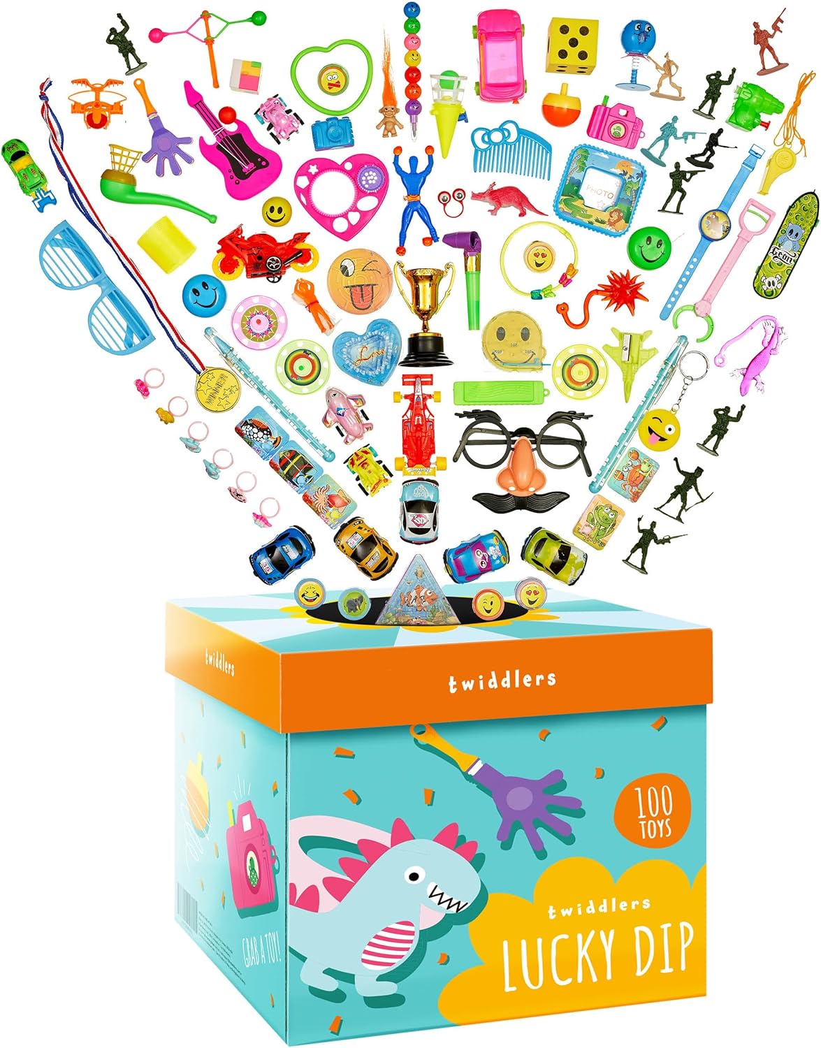 THE TWIDDLERS 100 Piece Lucky Dip Box Party Favours for Kids Pass The Parcel, Assorted Pinata & Party Bag Fillers, Classroom Game Prizes with Gifts for Boys & Girls