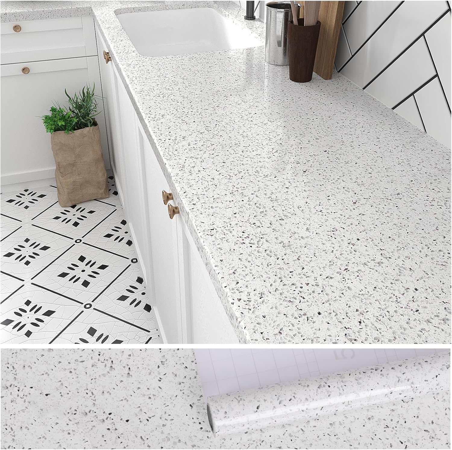 VEELIKE 15.7''x118'' Granite Contact Paper for Countertops Waterproof Self Adhesive White Granite Wallpaper Peel and Stick Countertops for Cabinets Kitchen Bathroom Counter Top Removable Film Vinyl