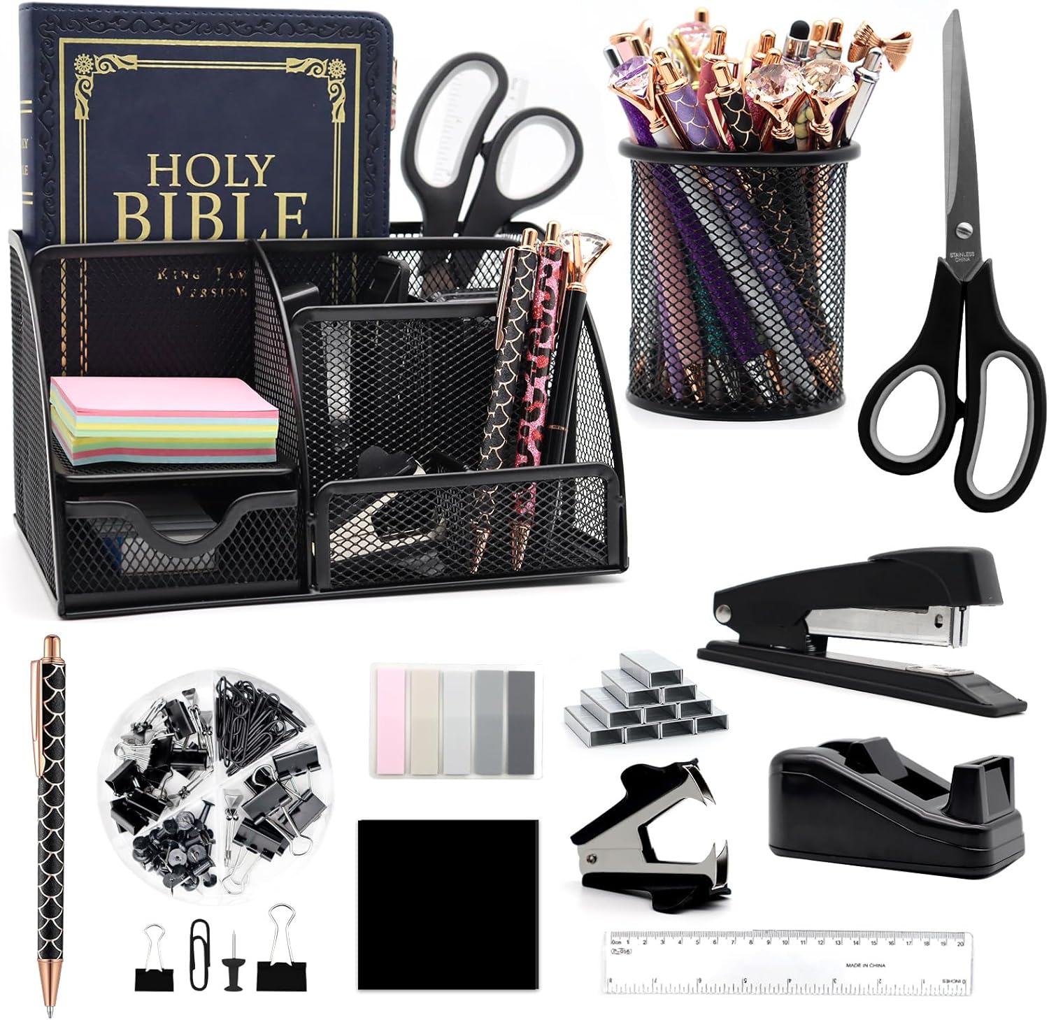 12 in 1 Desk Organizer Set - Black Office Supplies with Black Stapler, Pen Holder, Tape Holder, Scissors, Ruler, Staple Remover for Home, School, Gifts for Coworkers, Woman, Men