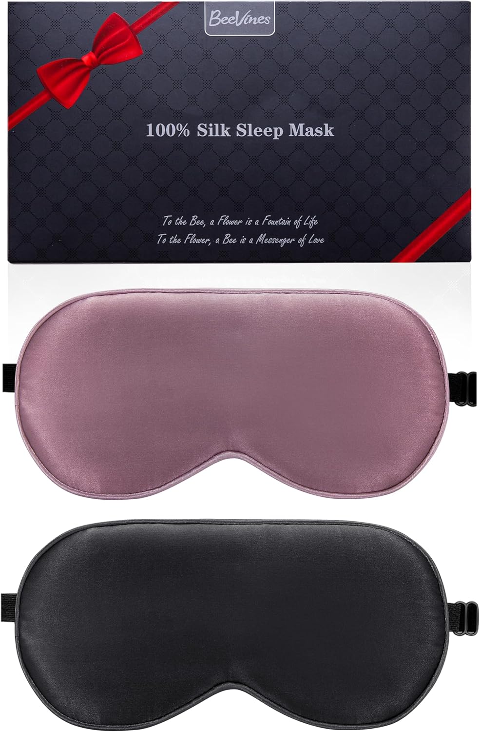 BeeVines Sleep Mask, 2 Pack 100% Real Natural Pure Silk Eye Masks with Adjustable Strap for Sleeping, Mulberry Silk Eye Shade Cover, Block Light Reduces Puffy Eyes Traveling Gifts(Black & Ruby Purple)