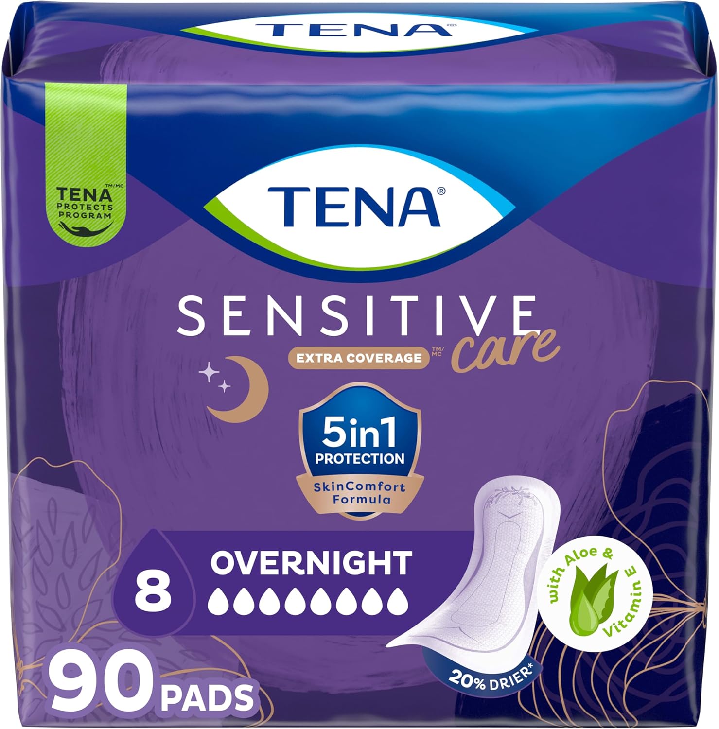 TENA Sensitive Care Overnight Incontinence Pads, Women, Extra Coverage 90ct