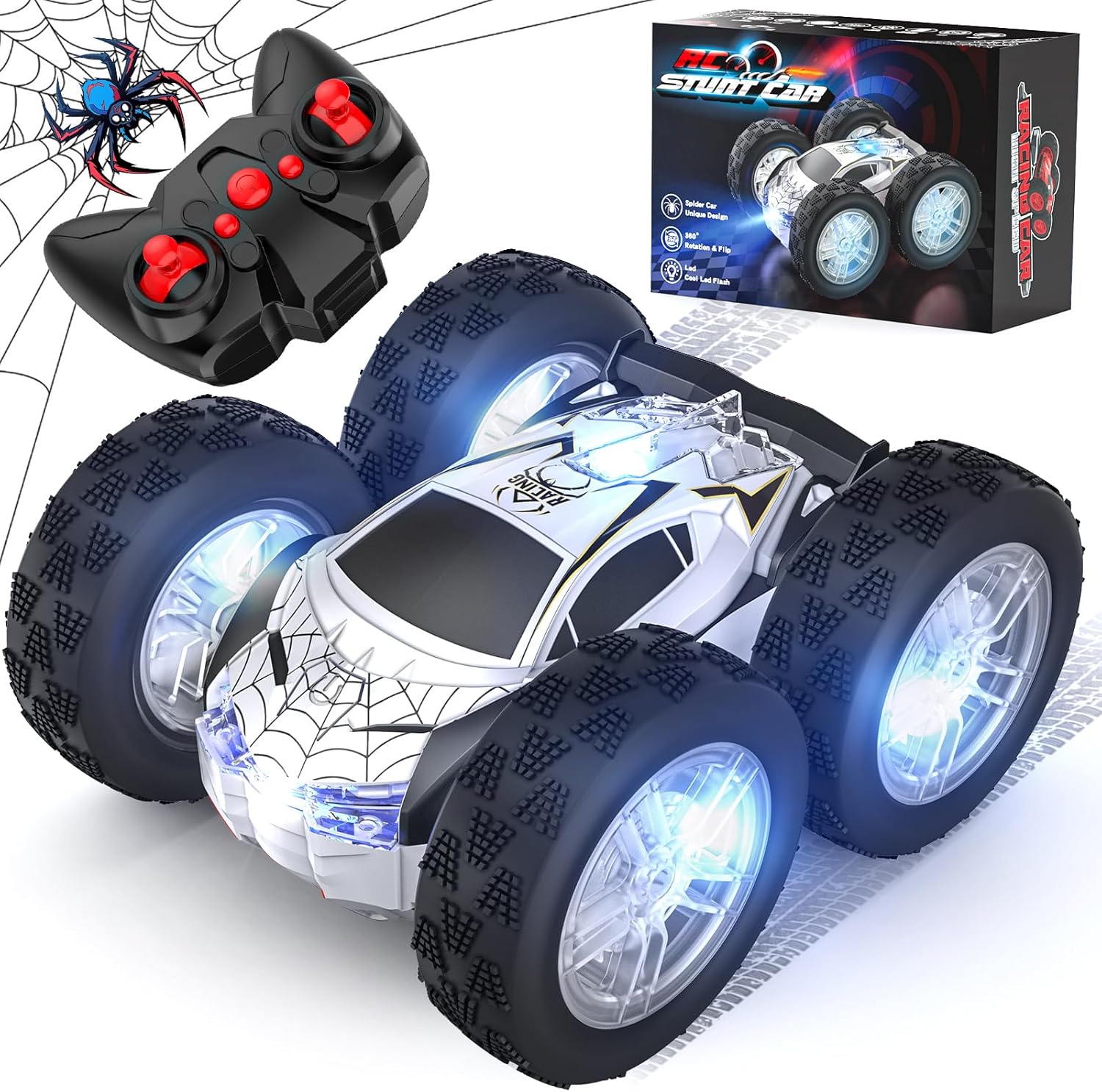 Remote Control Car for Kids, RC Stunt Cars Toys for Boys Ages 4-7 with Cool Double-Sided Pattern and LED Flash, 1:24 Vehicle Toy Car Hobby Racing Car Toys Gift for 3 4 5 6 7 8 9 Year Old Boys