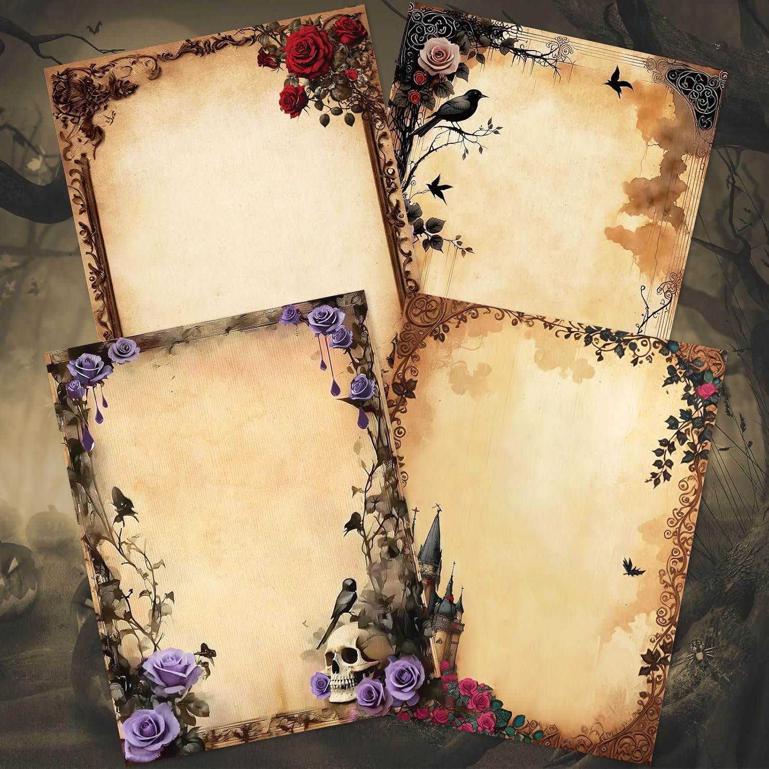 Whaline 60 Sheet Halloween Stationery Paper 4 Gothic Style Border Letterhead Vintage Skull Rose Castle Writing Paper for Invitation Office Printing, 8.5 x 11 Inch, Double-Sided