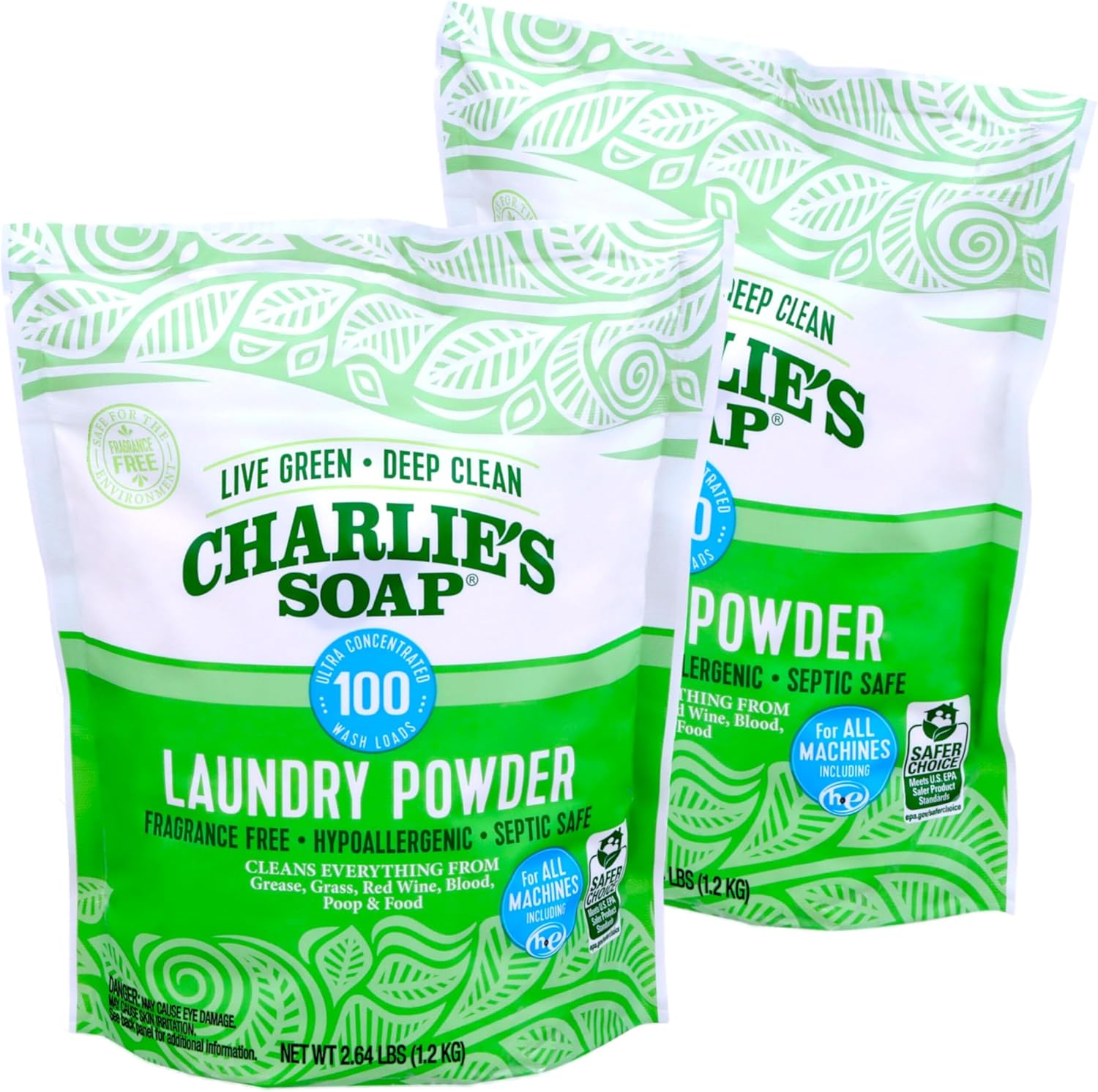 Charlie's Soap Laundry Powder (100 Loads, 2 Pack) Hypoallergenic Deep Cleaning Washing Detergent – Eco-Friendly, Safe, and Effective