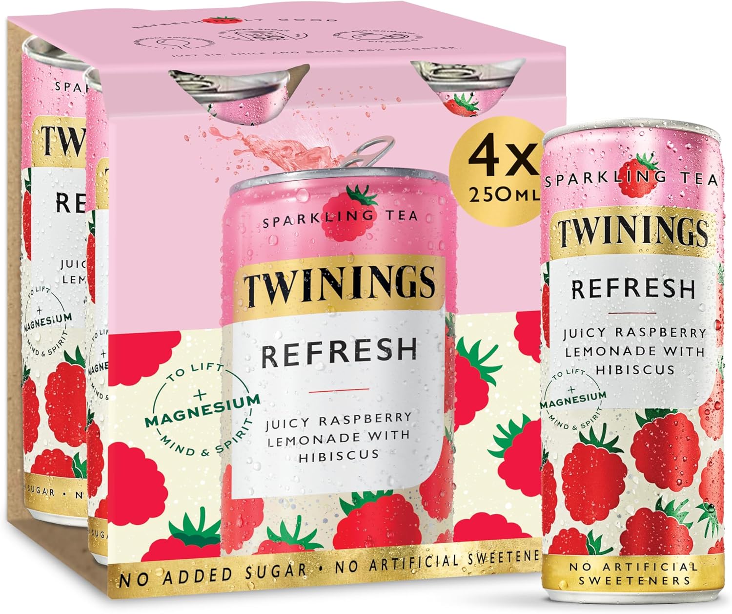 Twinings Refresh - Raspberry & Lemon Flavoured Sparkling Tea-Refreshing Fruity Beverage(4X250ml Cans)-No Added Sugar, Low in Caffeine/Calorie, Healthy Alternative,Antioxidant Rich,Vegan,Gluten Free