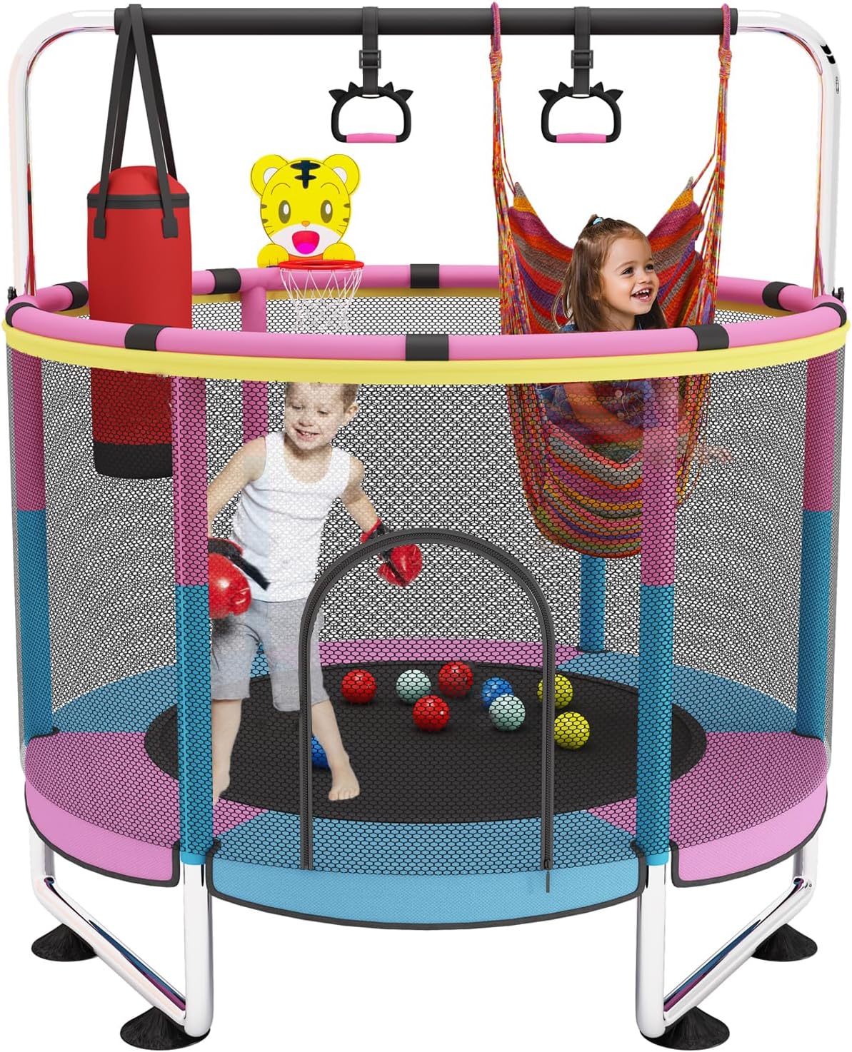 Trampoline for Kids, 60" Toddler Trampoline Indoor/Outdoor, 440lbs Kids Trampoline, Adjustable Mini Toddler Trampoline with Enclosure Net,Small Trampoline for Kids 3-8,Gifts for Boys and Girls