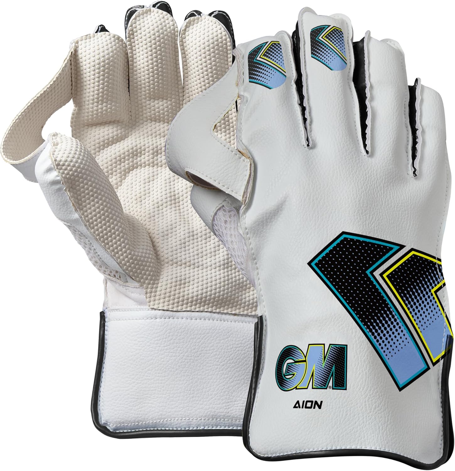 Gunn & Moore GM Cricket Wicket Keeper Keeping Gloves | Aion | Cotton Lining & Pimple Rubber Palm | PVC Faux Leather Back of Hand | 1 Pair | White, Cyan & Fluro with GM Logo