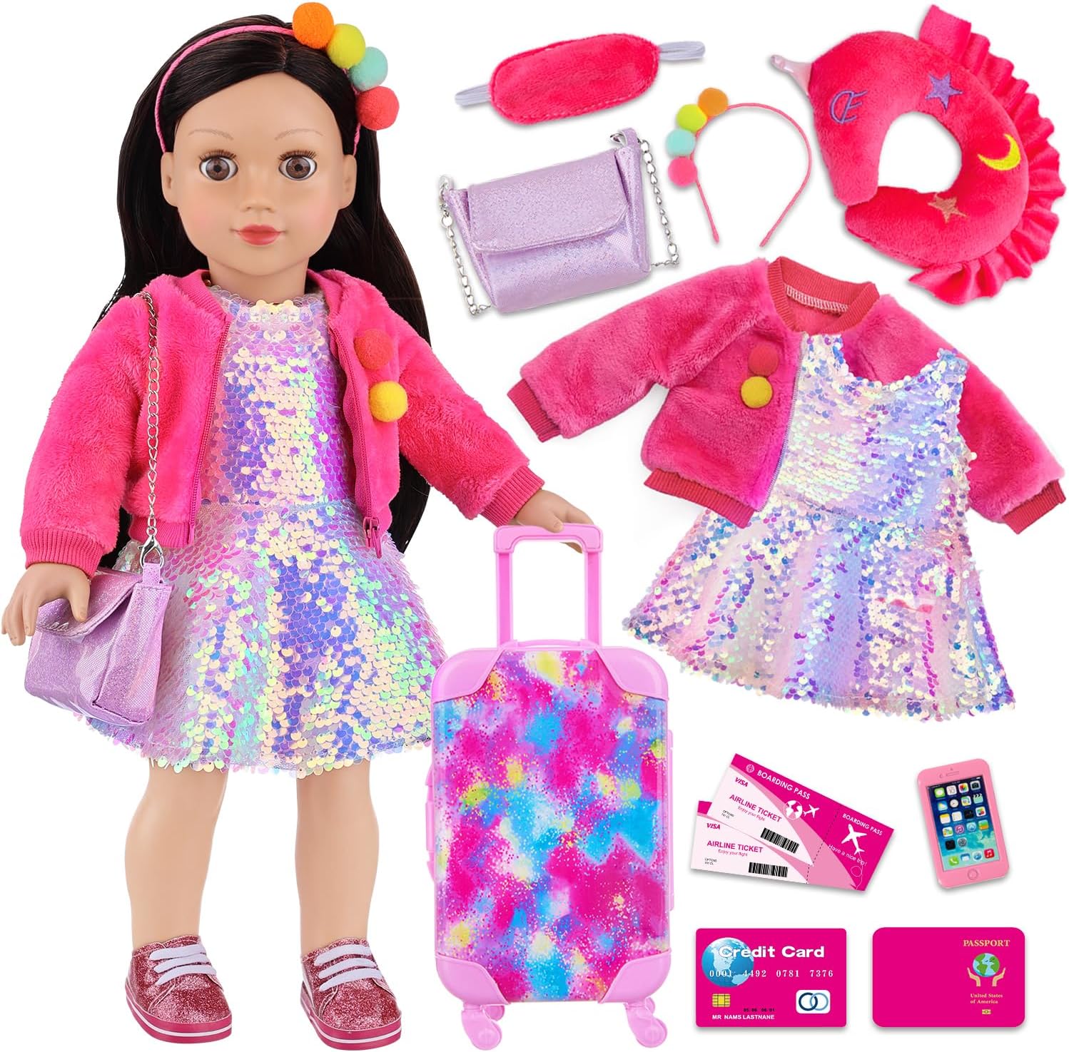 ZITA ELEMENT 18 Inch American Doll Clothes and Accessories, Doll Travel Suitcase Playset for Girls, Cute Travel Doll Clothes for 18 Inch Girl Doll(Not Include Doll & Shoes)