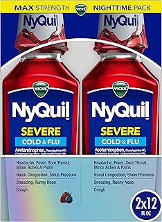 Vicks NyQuil SEVERE Cold, Flu, and Congestion Medicine, 2x12 fl oz Twin Pack, Berry Flavor, Maximum Strength, Nighttime Relief