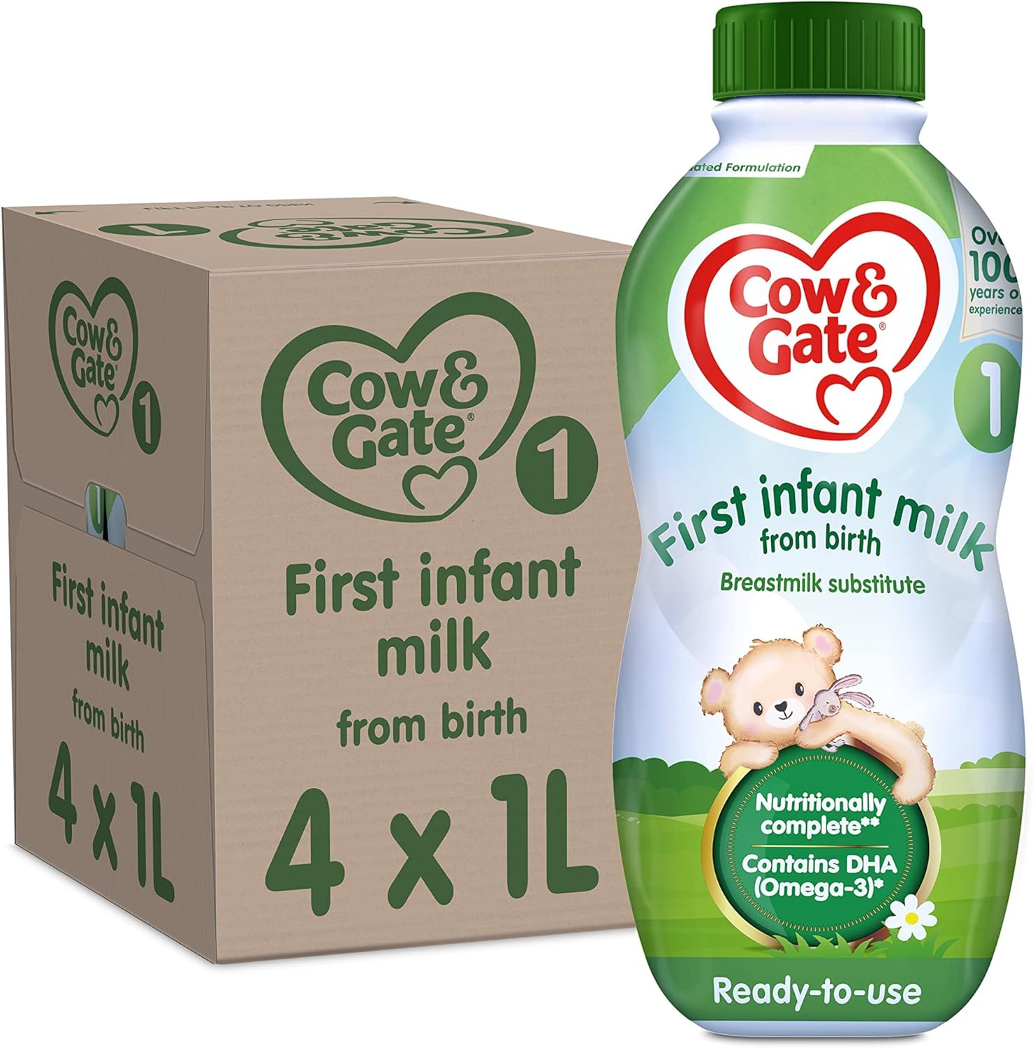 Cow & Gate 1 First Infant Baby Milk Ready to Use Liquid Formula, from Birth, 1 L (Pack of 4)