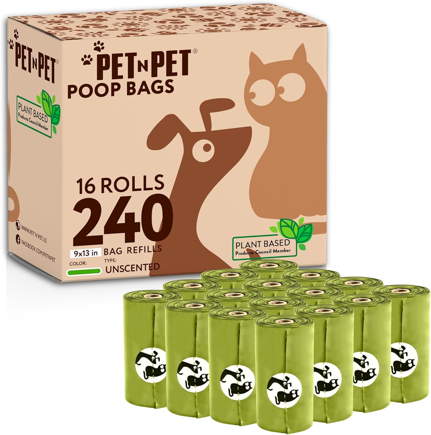 Pet N Pet Poop Bags For Dogs, 240 Counts Plant Based Dog Poop Bags Rolls, Thick Doggie Poo Bag, 100% Leak-proof, Easy to Use Pet Waste Bag