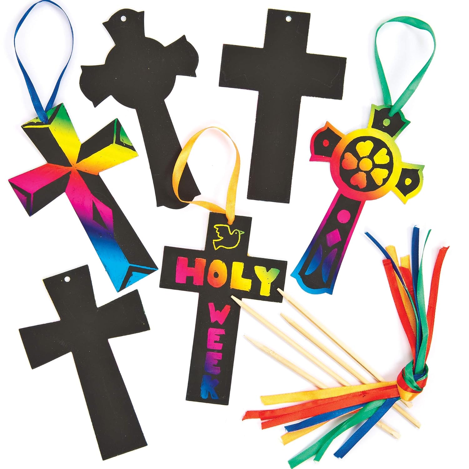 Baker Ross EV599 Scratch Art Crosses, Perfect for Children to Design and Decorate, Ideal for Home Activities, Craft Group Tasks, Sunday School Projects and General School Work (Pack of 12), 15cm