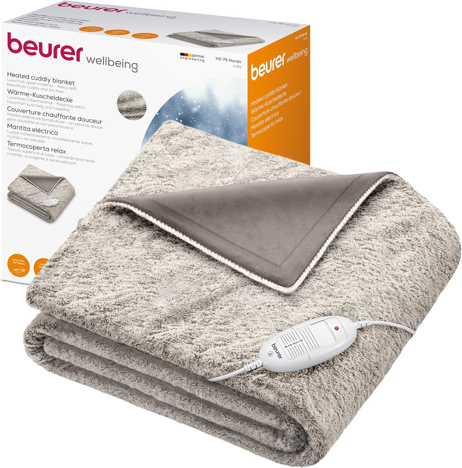 Beurer HD75 Cosy Nordic Electric Blanket with 6 Temperature Settings, Soft Heated Throw with Luxurious Faux Fur, Automatic Switch-Off & Safety System, Machine-Washable, 180 x 130 cm, 100 watts