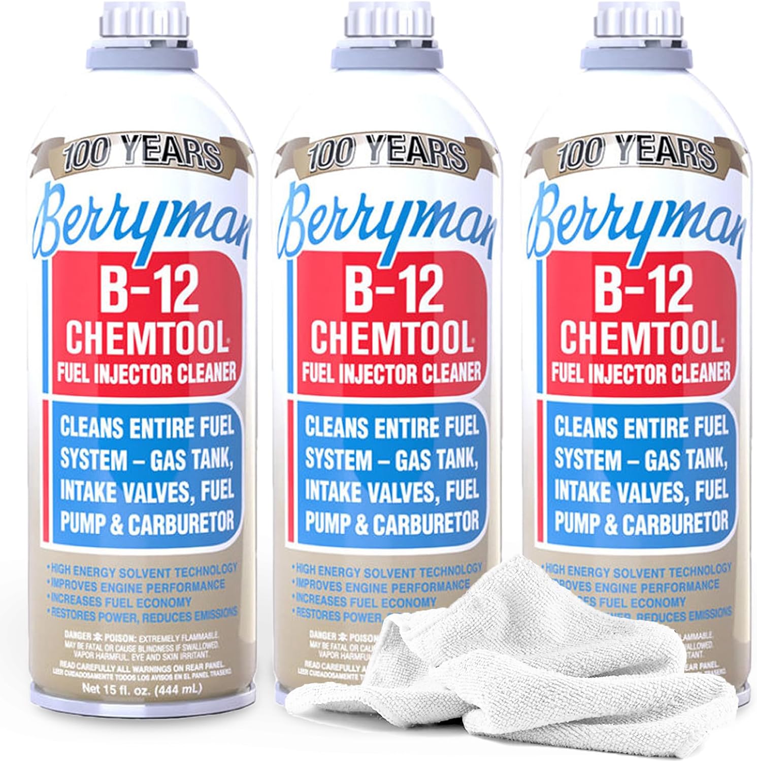 Towel with Berryman B-12 Chemtool 0116 (3 Pack) - Fuel Injector Cleaner, 15oz | Carburetor & Fuel System Cleaner Additive for Cars