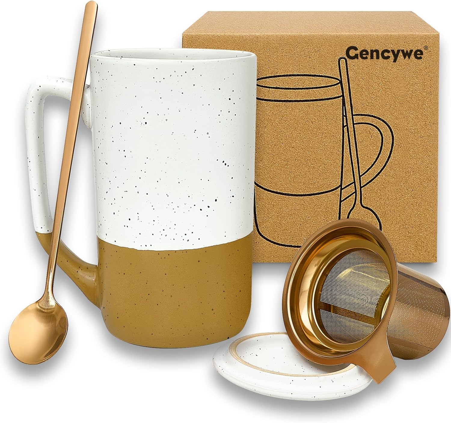 Ceramics Large Tea Cup with Loose Leaf Infuser, Spoon and Lid, 16 oz Tall Coffee Mug, Microwave and Dishwasher Safe, Rustic Matte Ceramic Glaze, Tea Strainer, Amber